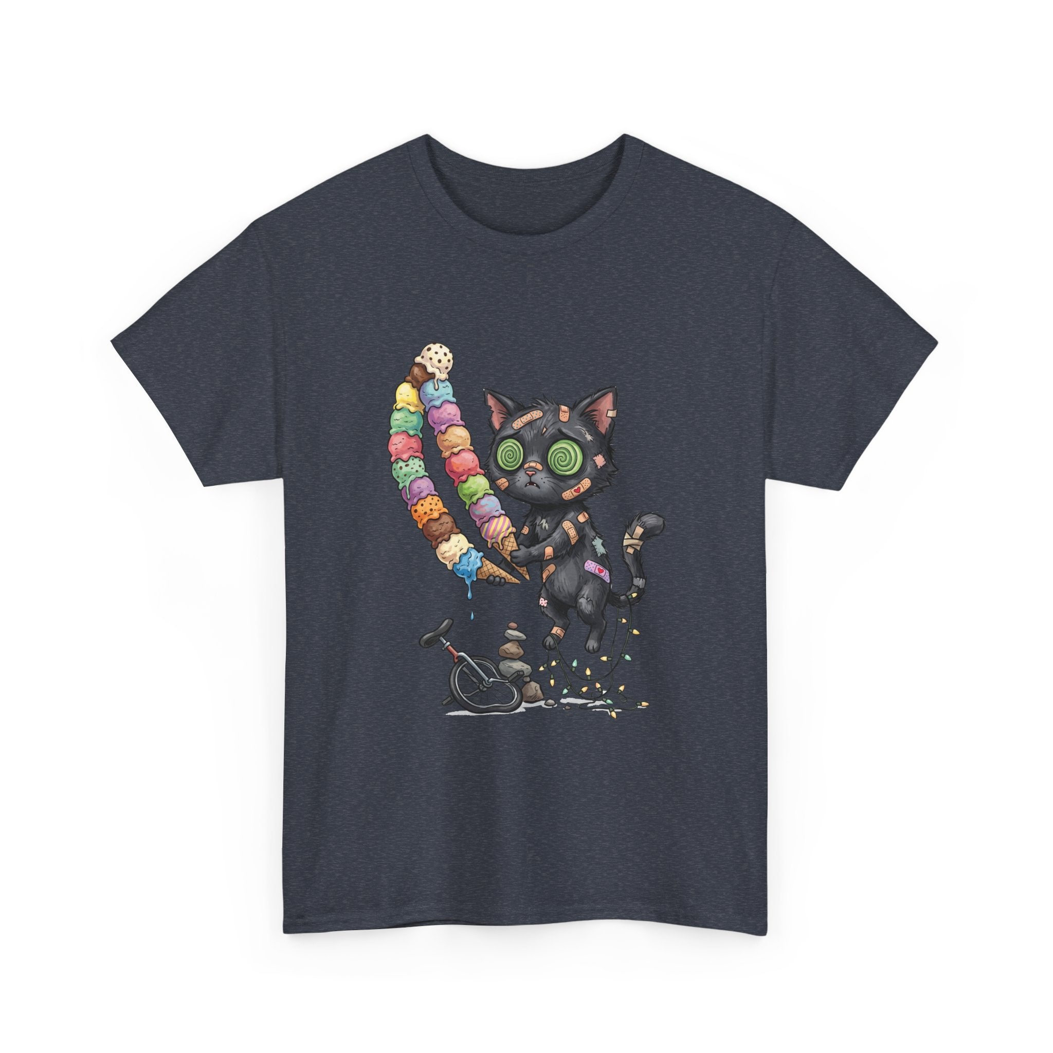 Cat with Ice Cream Graphic Tee — Cute Retro Kawaii Black Cat Holding Rainbow Ice Cream