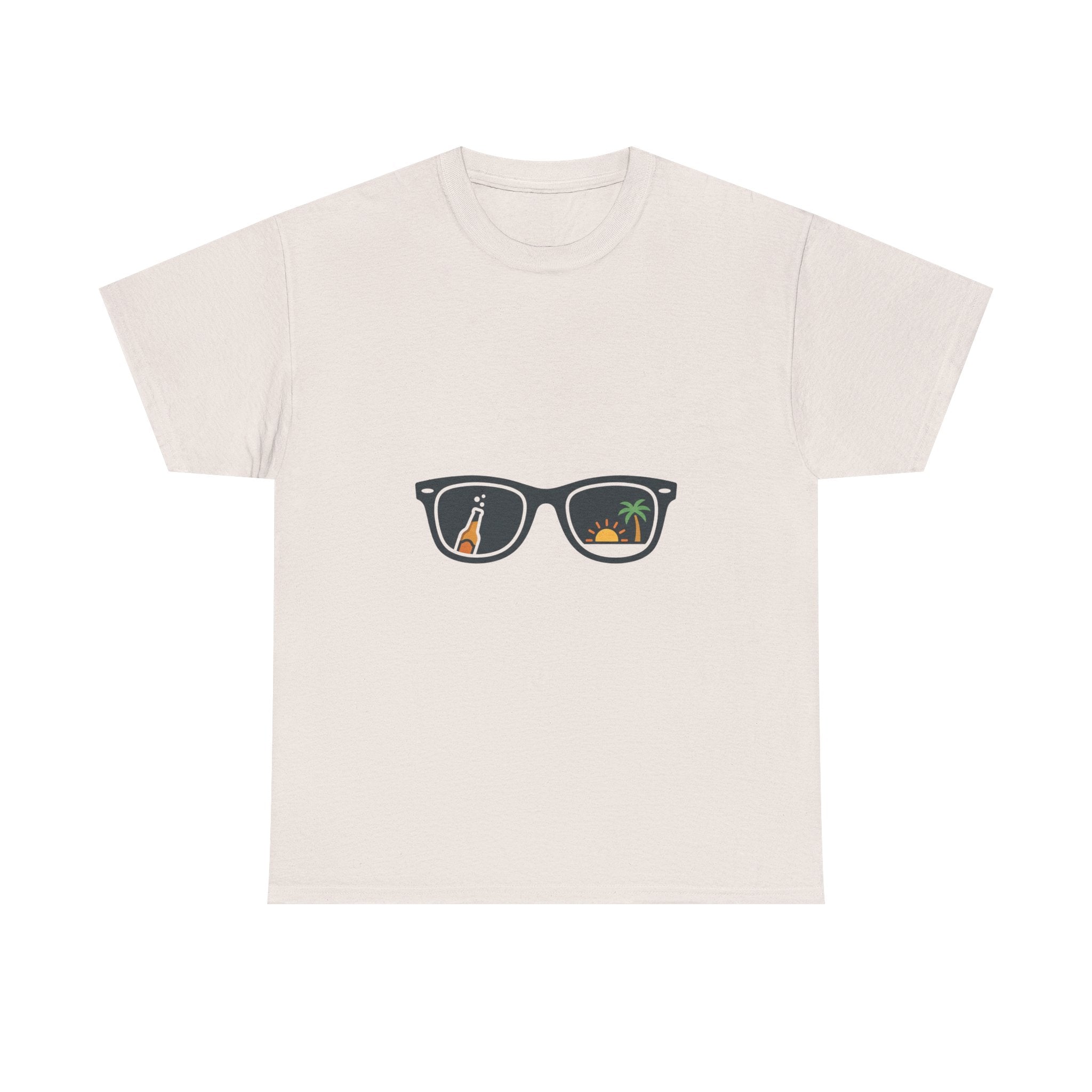 Sunglasses Reflection Tee — Tropical Beach & Palm Drink Graphic T-Shirt
