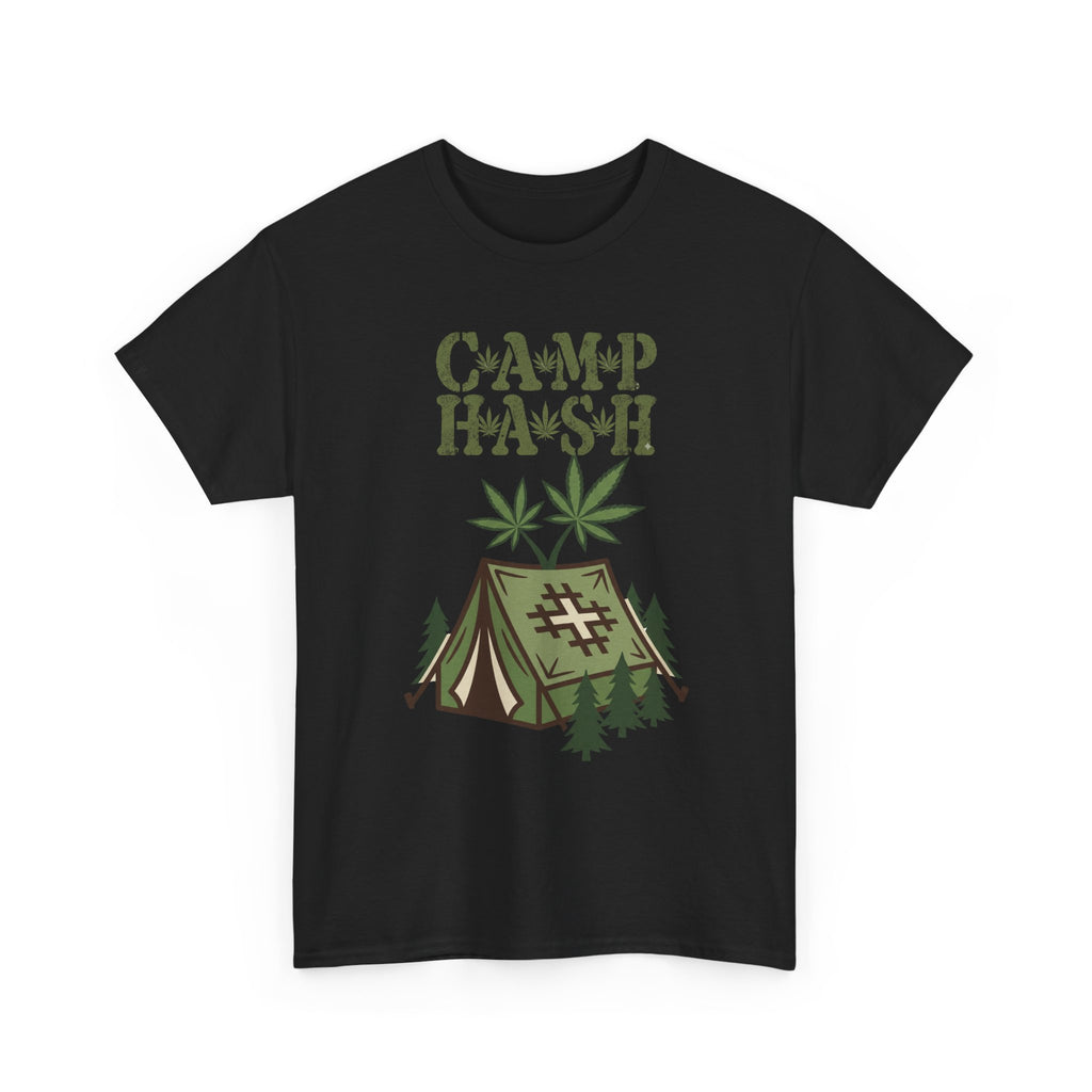 Camp Hash Cannabis Camping T‑Shirt — Retro Tent & Leaf Outdoor Smoke Tee