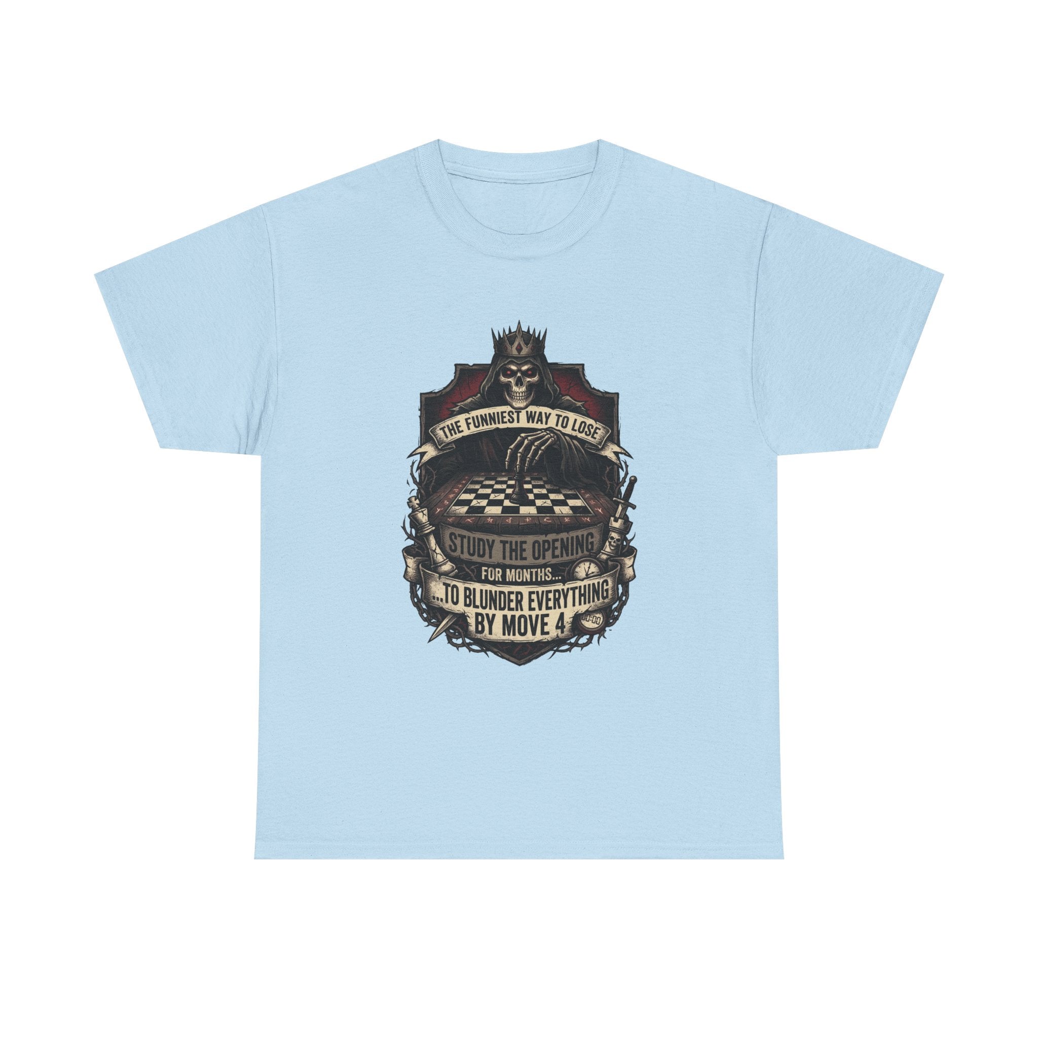 Chess Lover T-Shirt — "Study the Opening... Blunder Everything by Move 4" Vintage Chess Tee