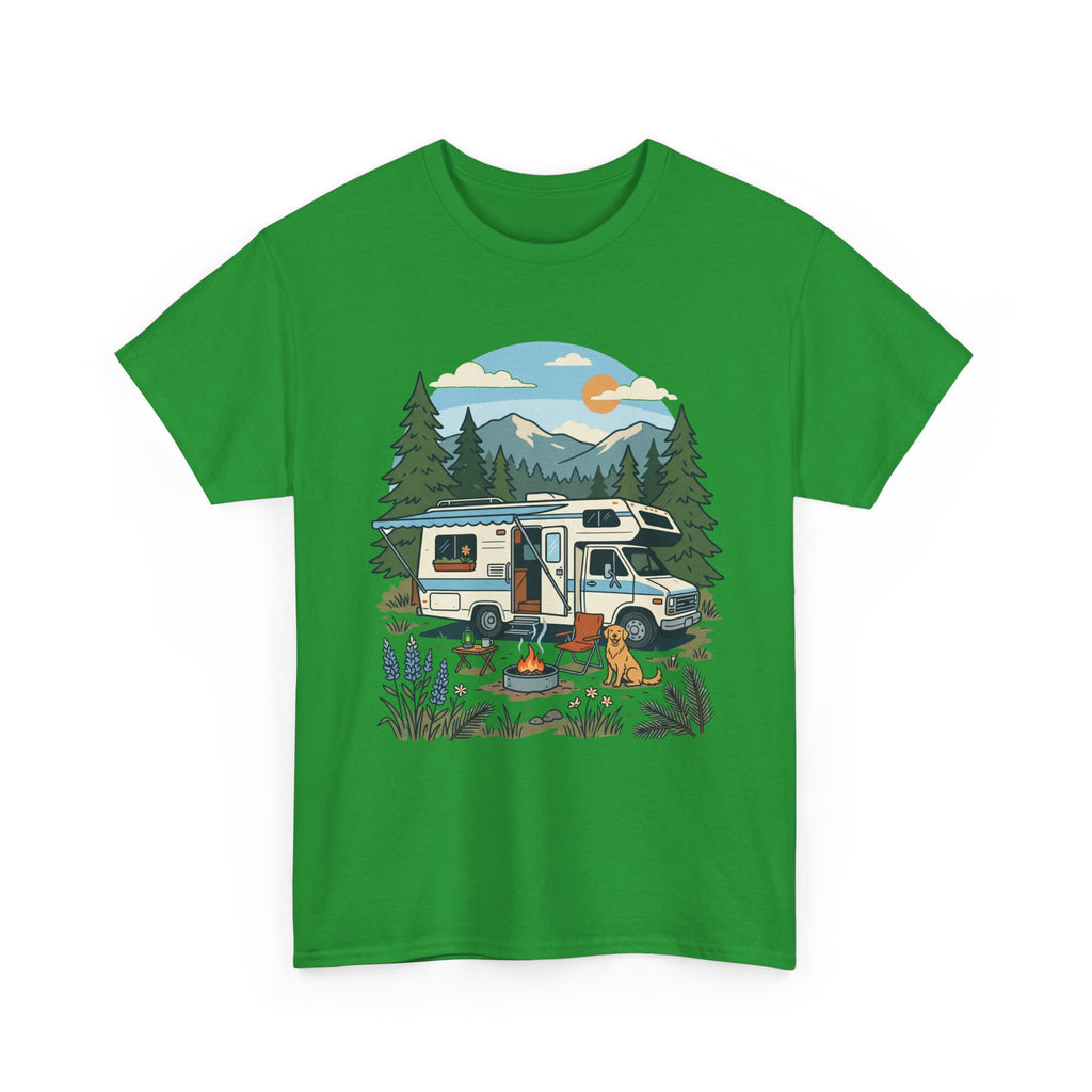 Camper Van Camping T‑Shirt — Retro RV Campfire Graphic Tee for Outdoors Lovers