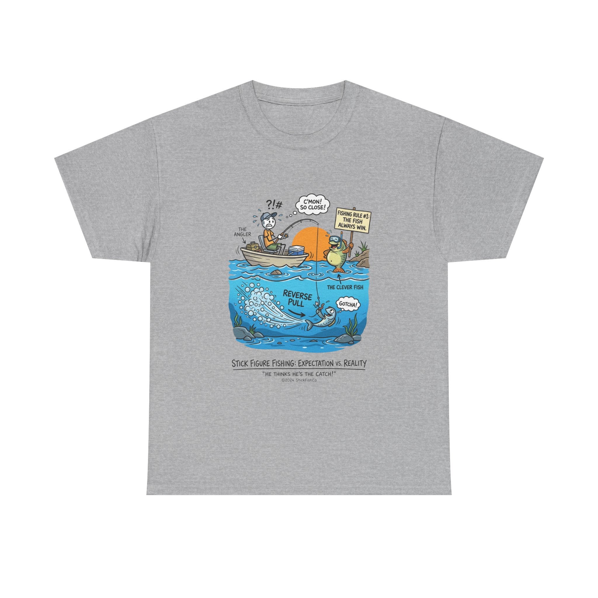Fishing Cartoon T-Shirt — 'Reverse Take' Sunset Boating Tee