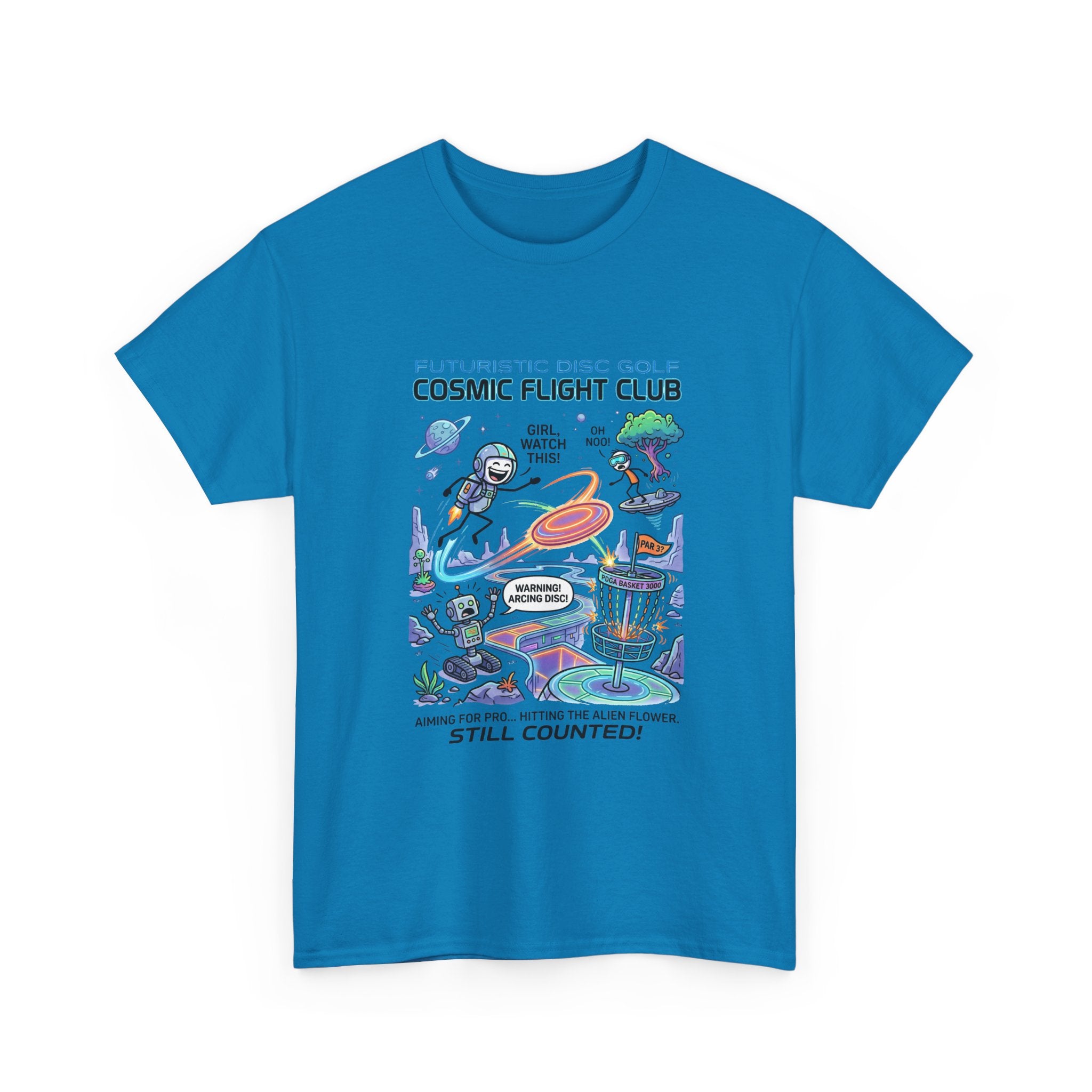 Cosmic Flight Club Disc Golf T-Shirt — Futuristic Outer Space Design