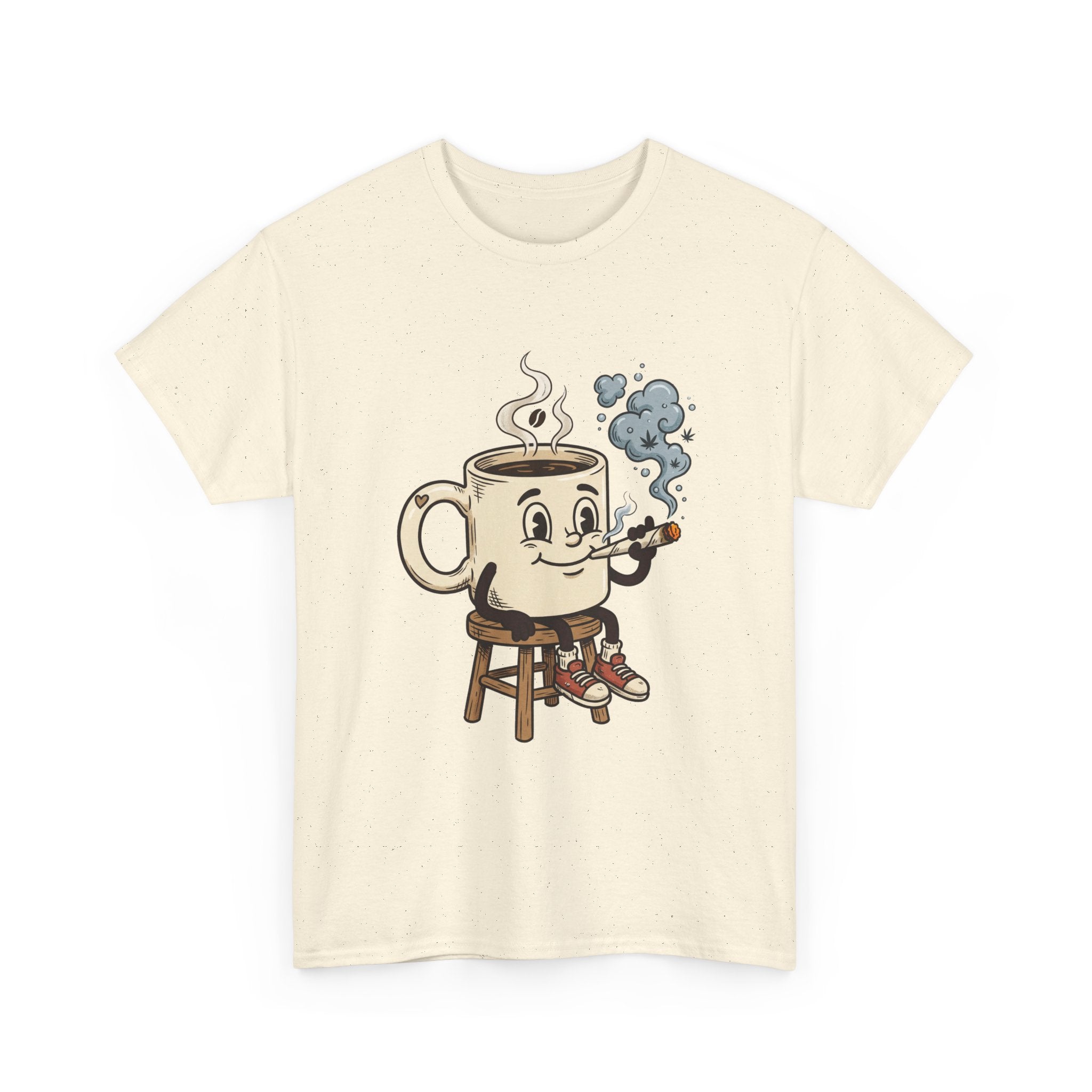 Coffee and a joint Character Tee — Retro Smiling Cup Smoking weed Graphic T-Shirt