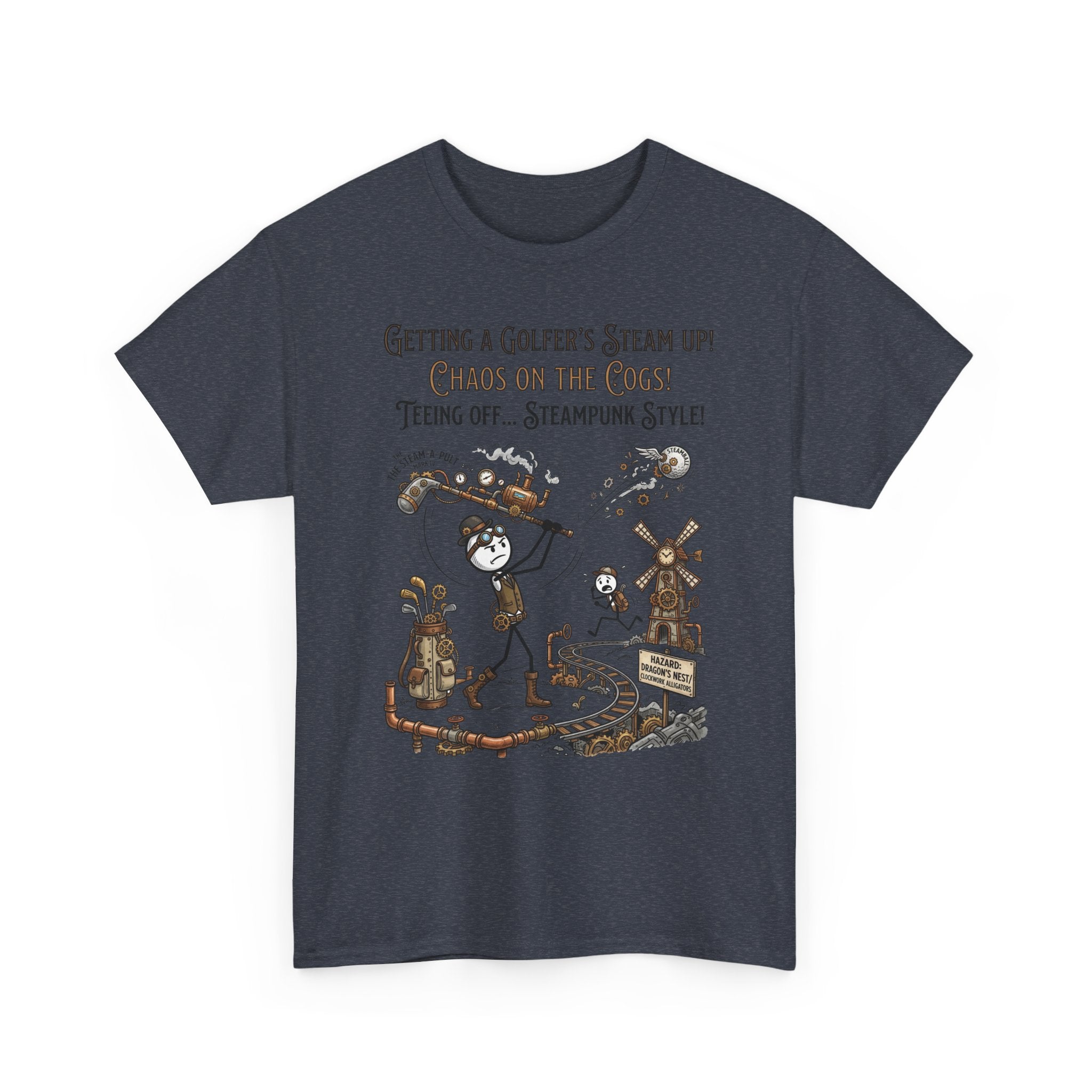 Steampunk Golf T-Shirt - "Getting a Golfer's Steam Up! Chaos on the Cogs" Graphic Tee