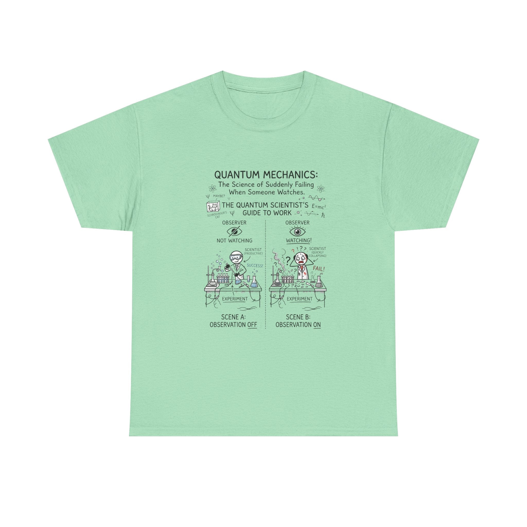 Quantum Mechanics Cartoon T‑Shirt — Funny Science Diagram Tee