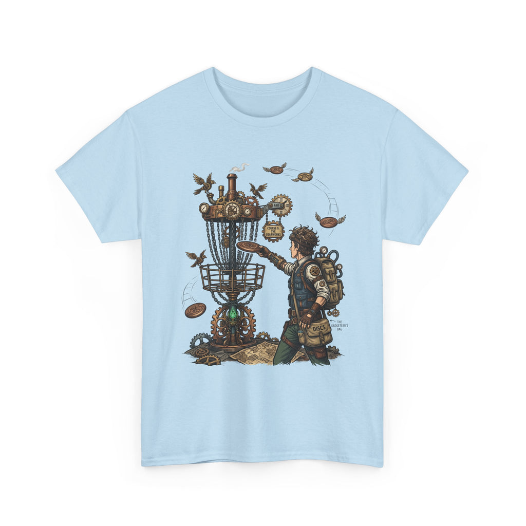 Disc Golf Adventure T‑Shirt — Steampunk Player & Birdie Basket Graphic Tee