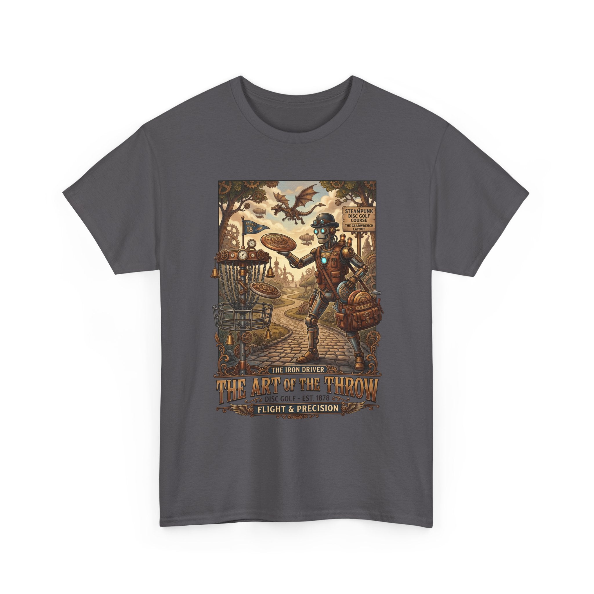 Steampunk Disc Golf T-Shirt — "The Art of the Throw" Vintage Disc Golfer Graphic Tee