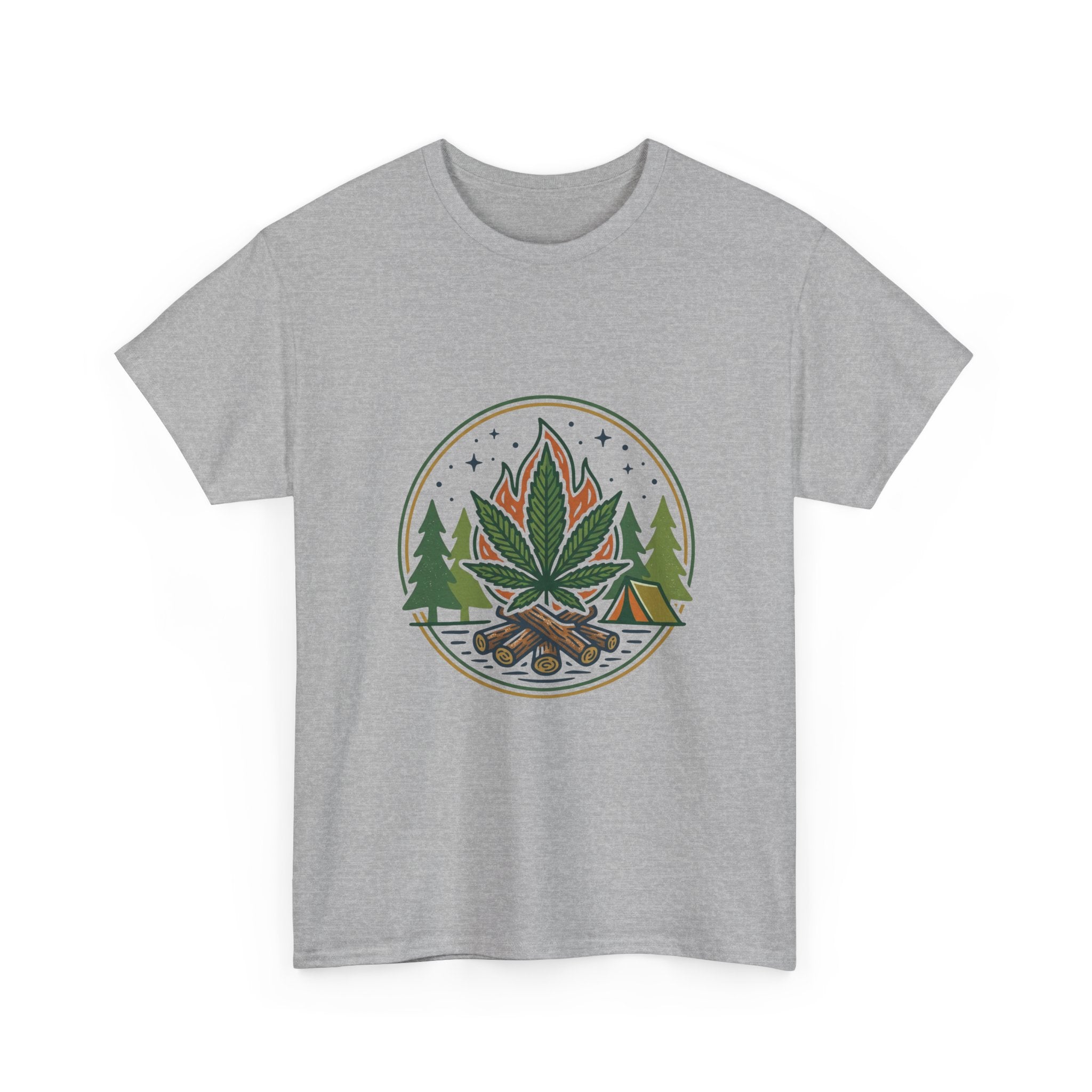 Cannabis Campfire Tee — Outdoor Weed Leaf Forest Graphic T-Shirt
