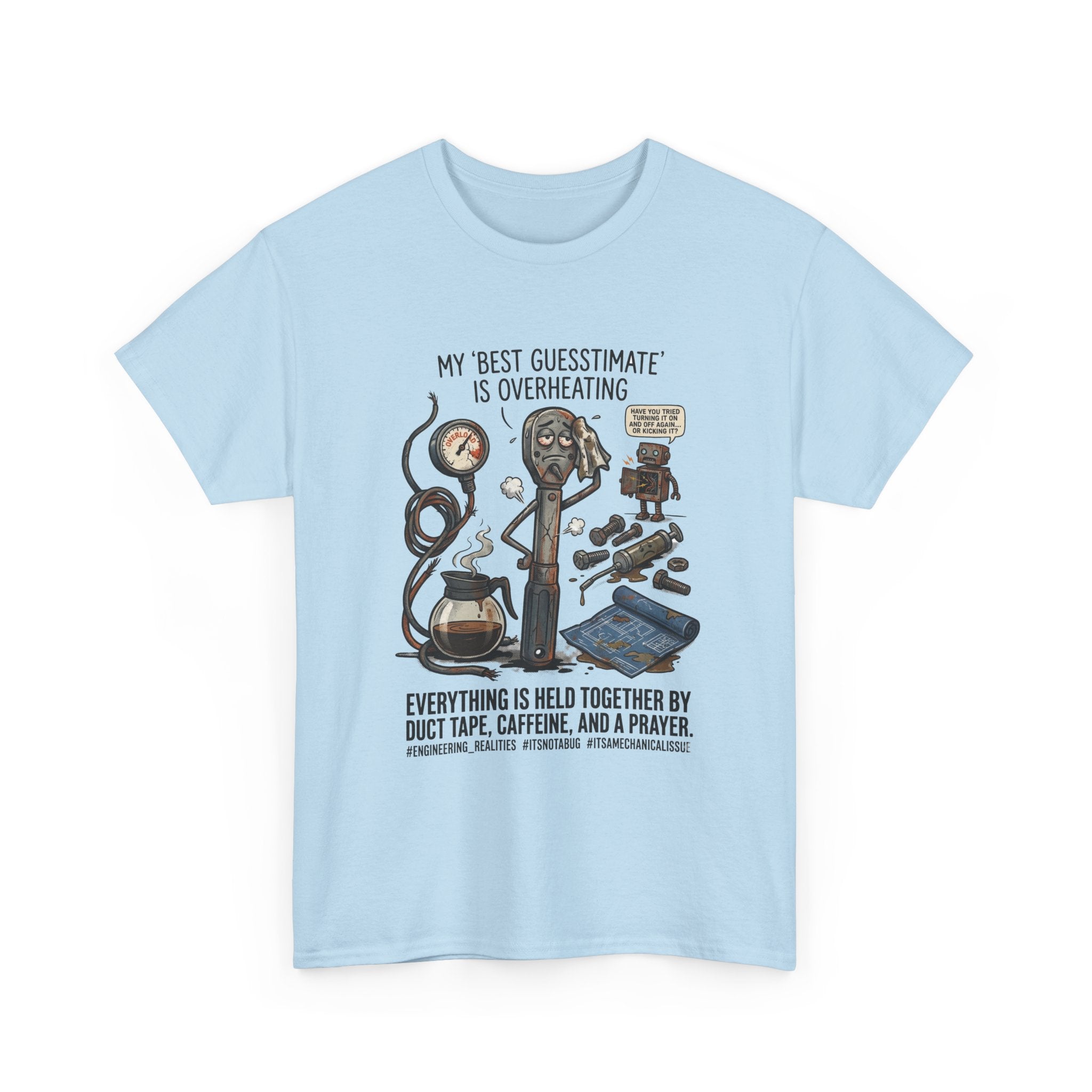 Mechanic Humor T-Shirt - "My Best Guessmate Is Overheating" Vintage Tools, Duct Tape & Caffeine Tee