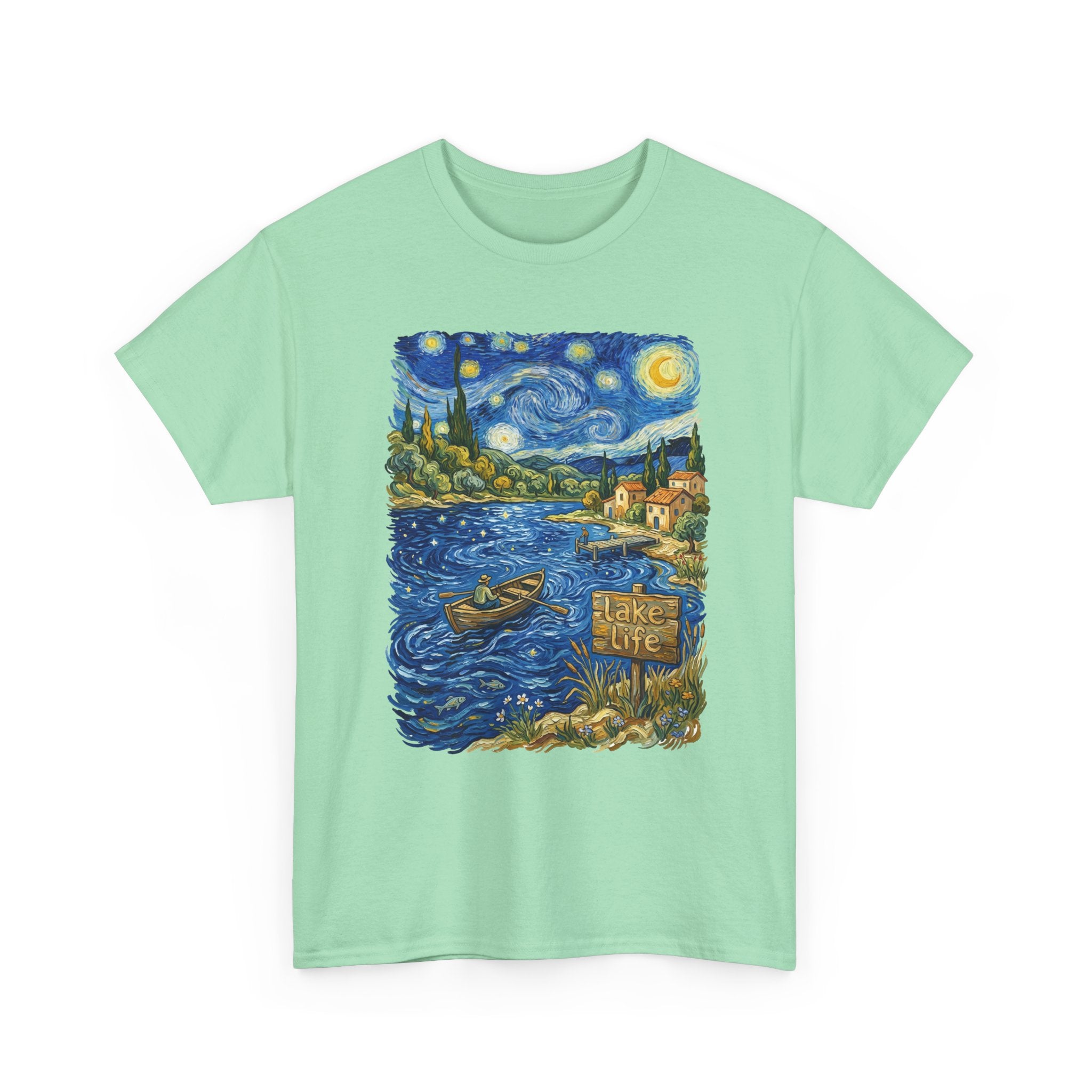 T-Shirt — Van Gogh Night Lake Art Tee (Boat on Starry Night)