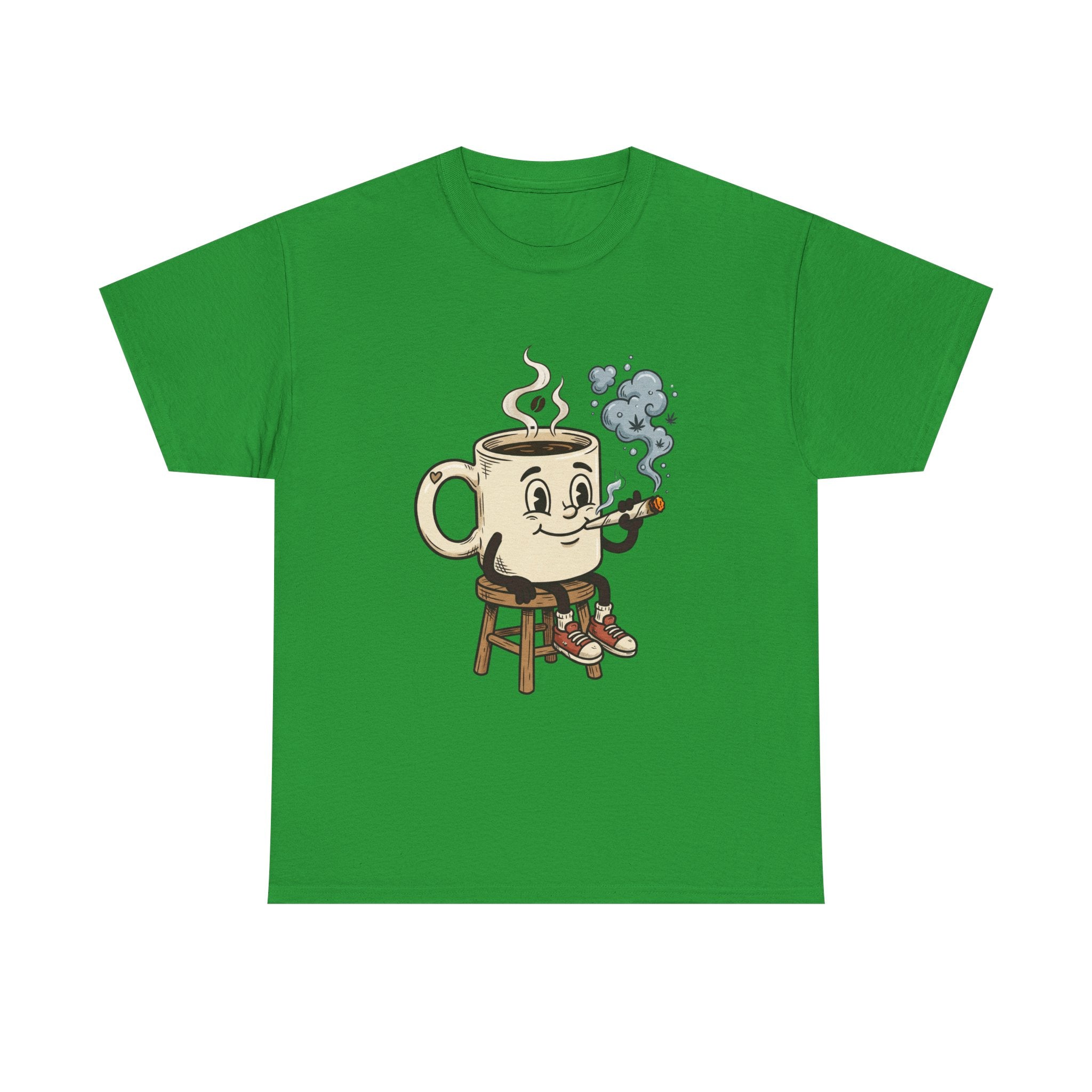 Coffee and a joint Character Tee — Retro Smiling Cup Smoking weed Graphic T-Shirt