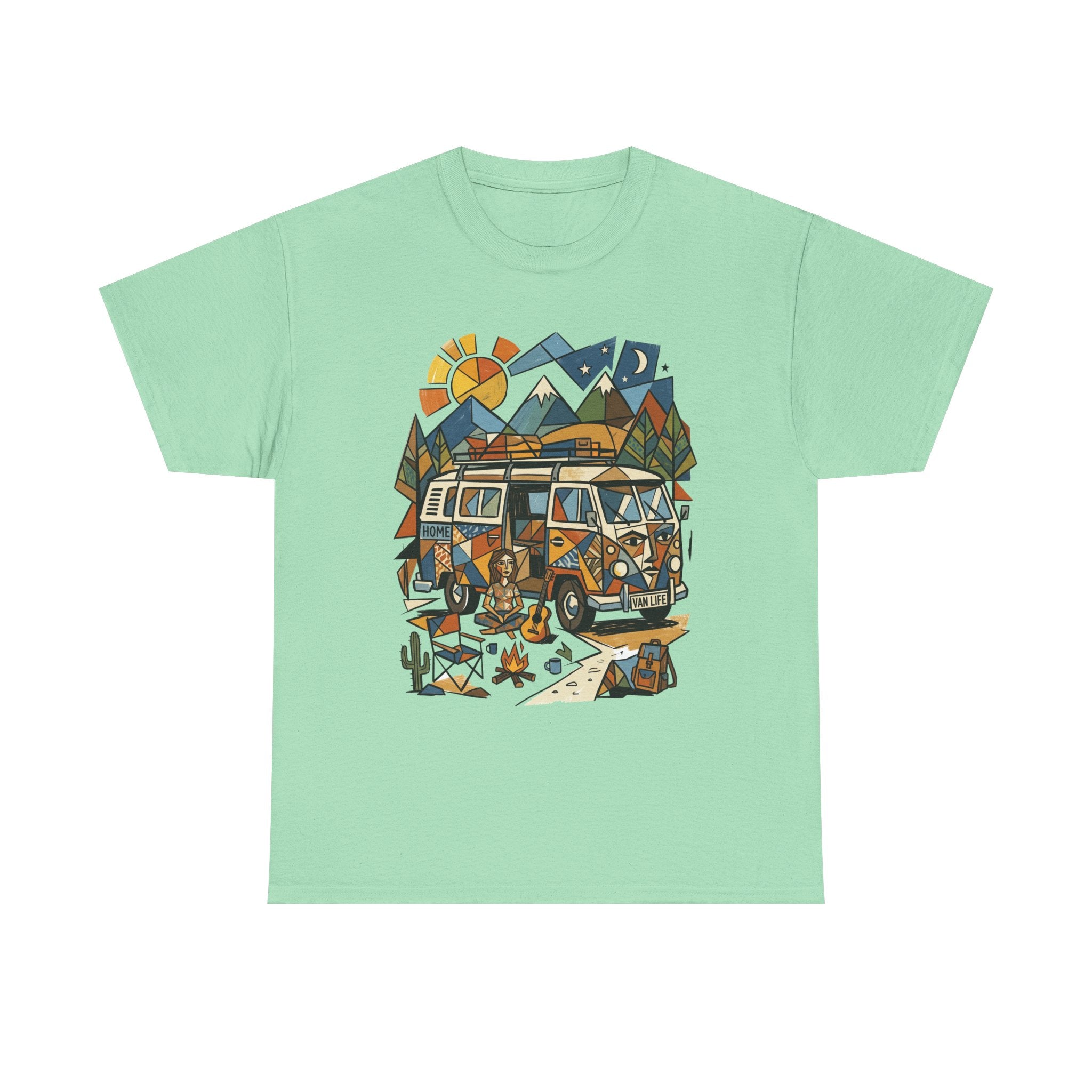 Adventure Van Camping T-Shirt — Retro Camper Van, Mountains & Campfire Graphic Tee