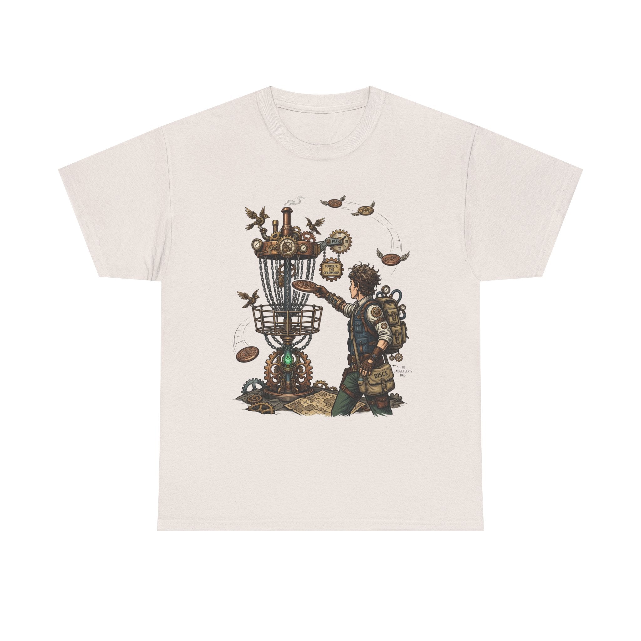 Disc Golf Adventure T‑Shirt — Steampunk Player & Birdie Basket Graphic Tee