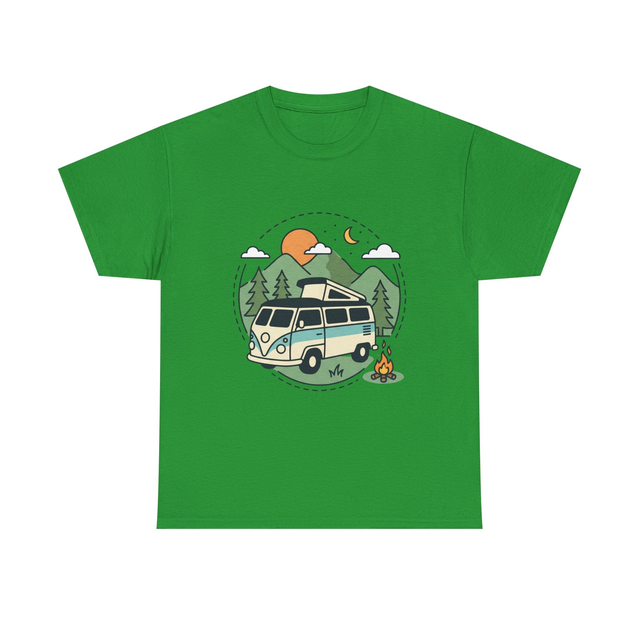 Camper Van Camping T‑Shirt — Retro Van, Mountains & Campfire Tee