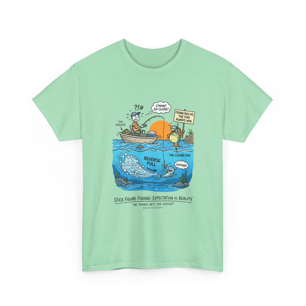 Fishing Cartoon T-Shirt — 'Reverse Take' Sunset Boating Tee