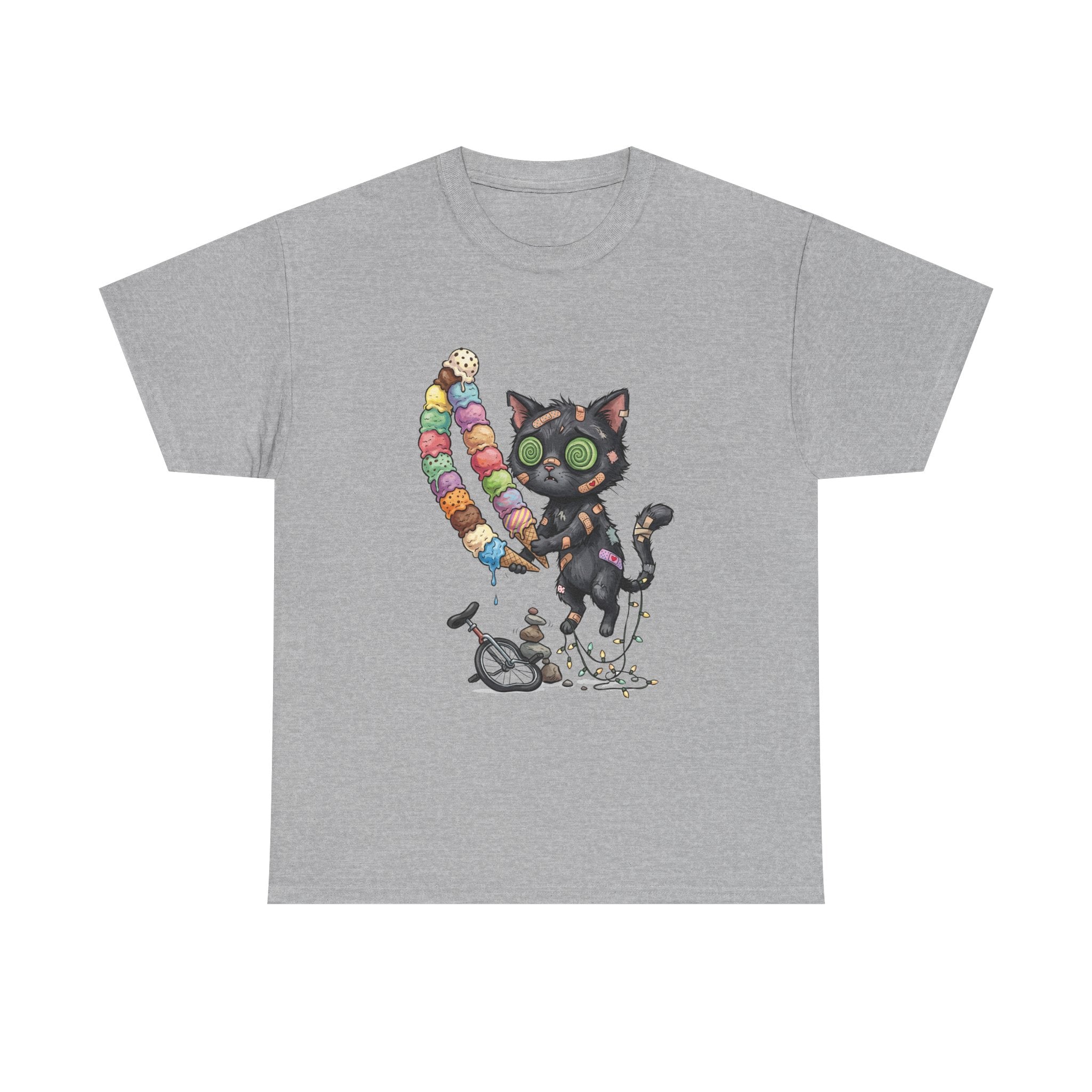 Cat with Ice Cream Graphic Tee — Cute Retro Kawaii Black Cat Holding Rainbow Ice Cream