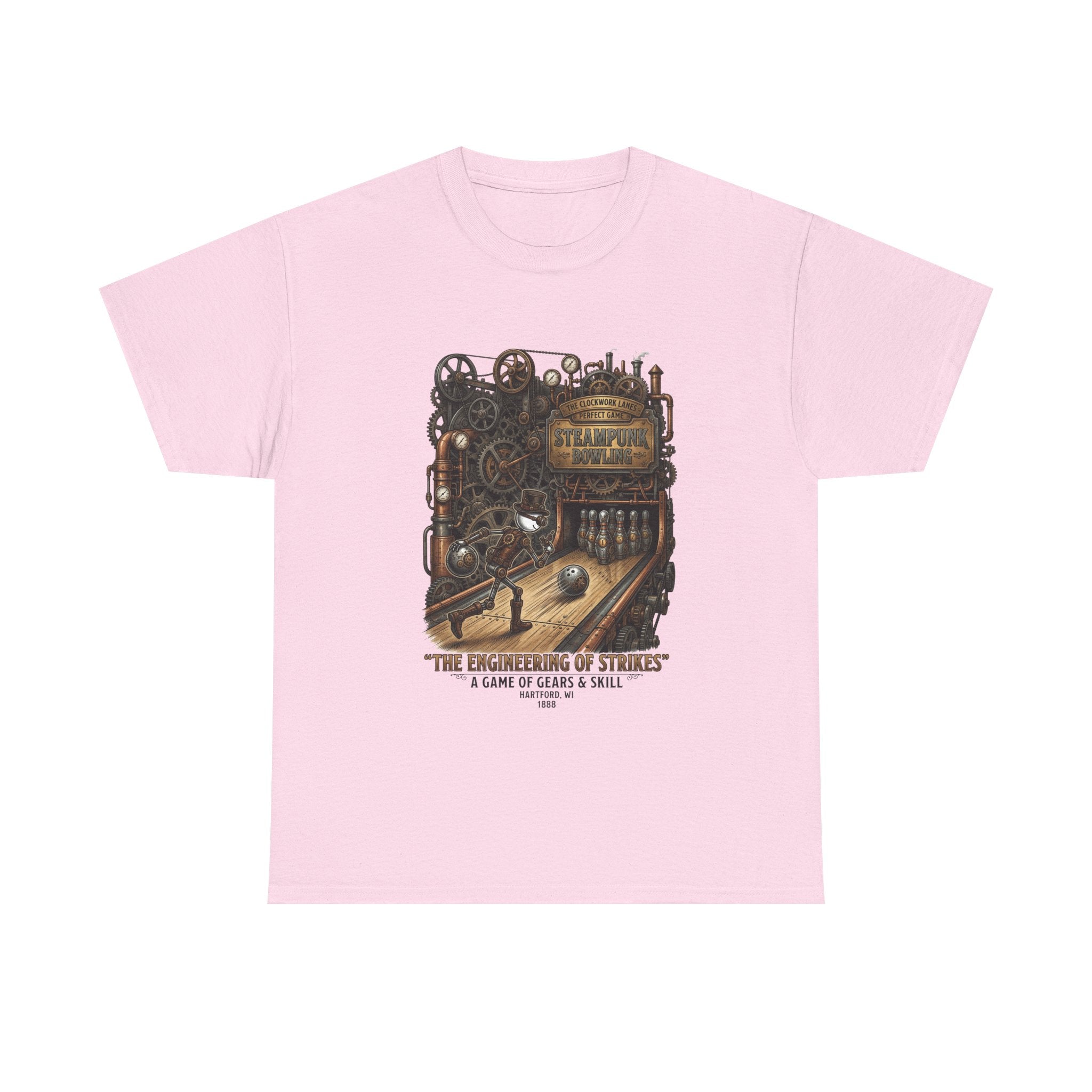 Steampunk Bowling T-Shirt — "The Engineering of Strikes" Vintage Gears Design