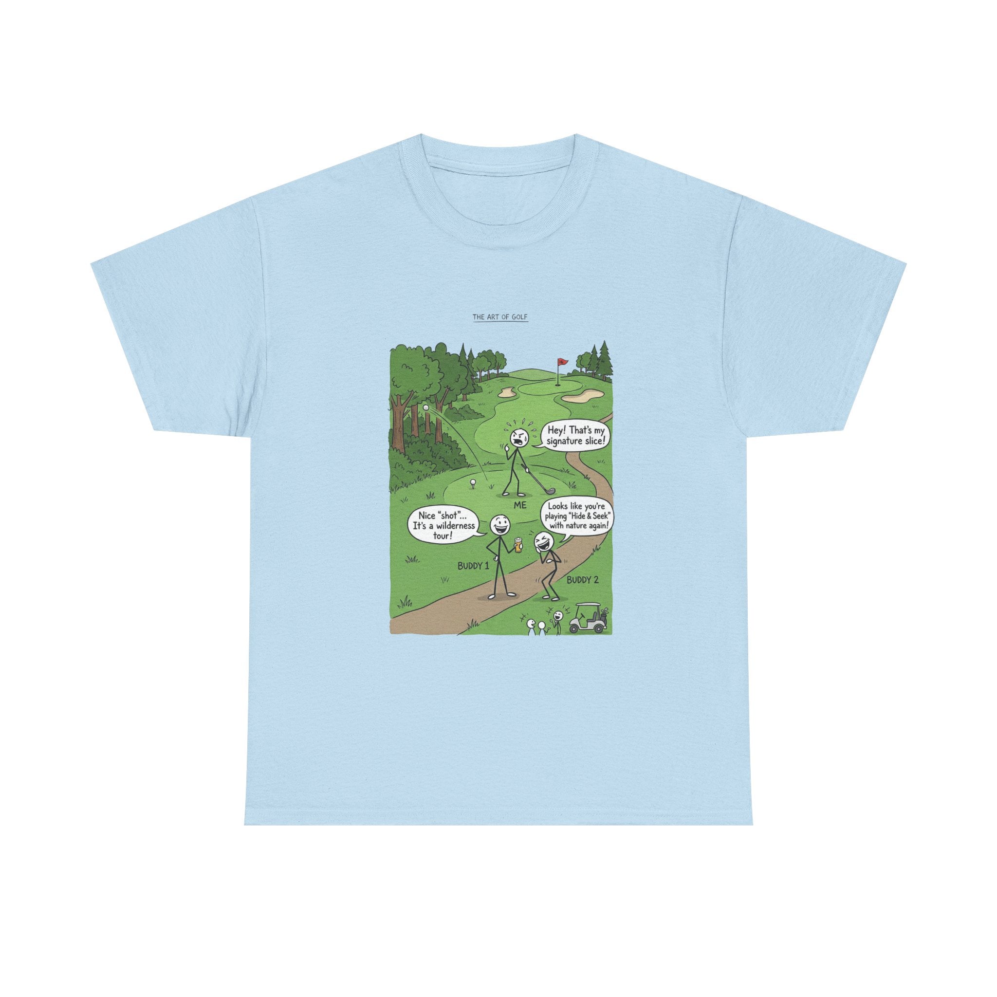 Golf Cartoons Graphic Tee — Funny Golf Humor T-Shirt ("Fore! That's a Mulligan, Dad")