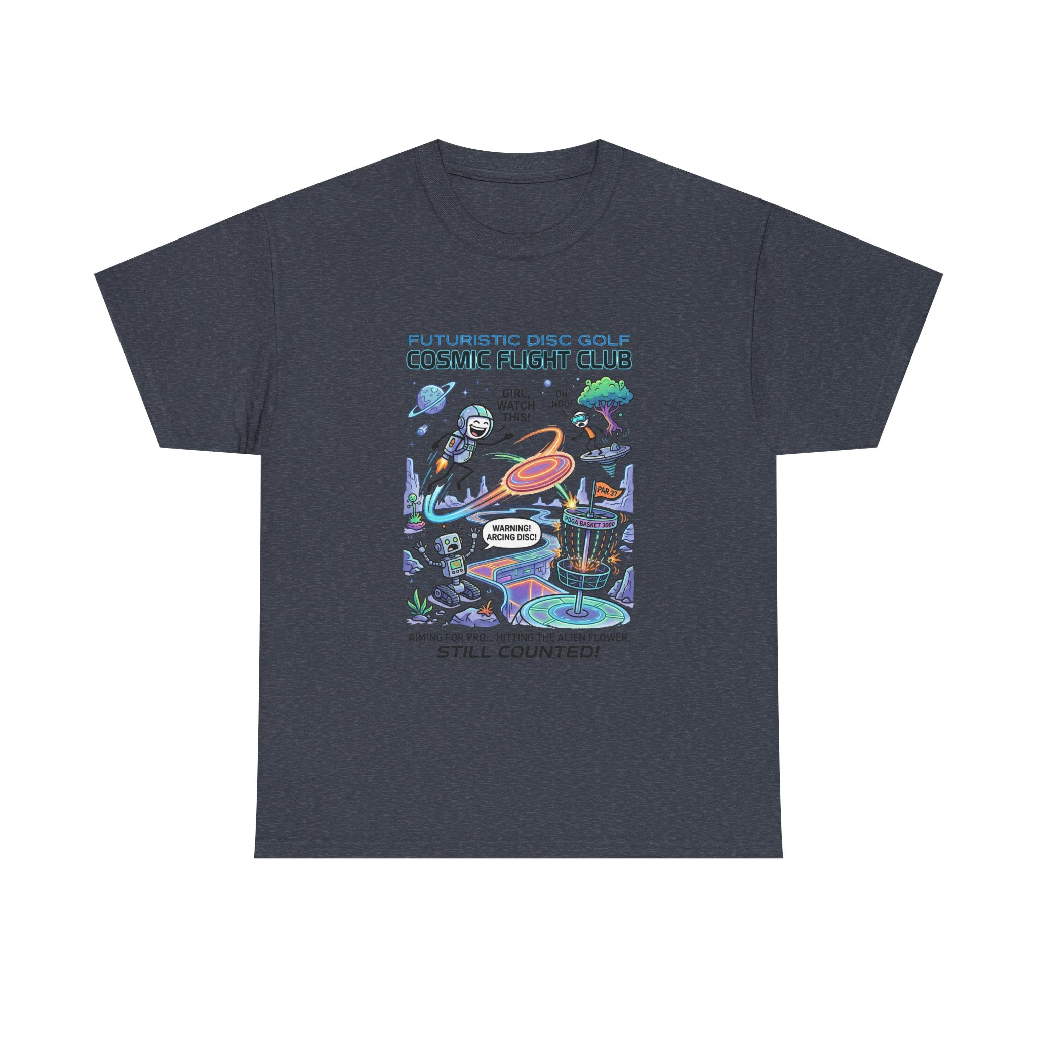 Cosmic Flight Club Disc Golf T-Shirt — Futuristic Outer Space Design