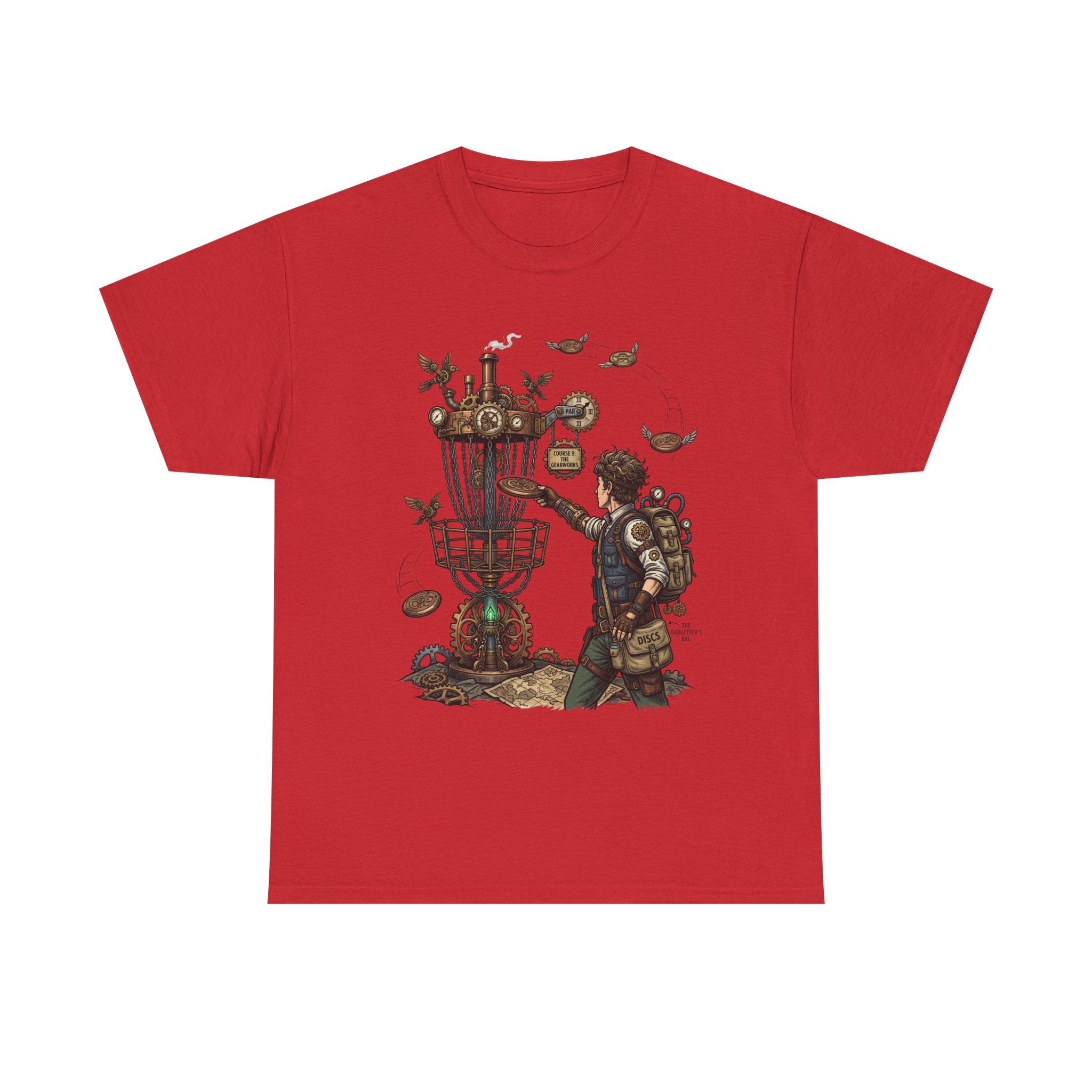 Disc Golf Adventure T‑Shirt — Steampunk Player & Birdie Basket Graphic Tee