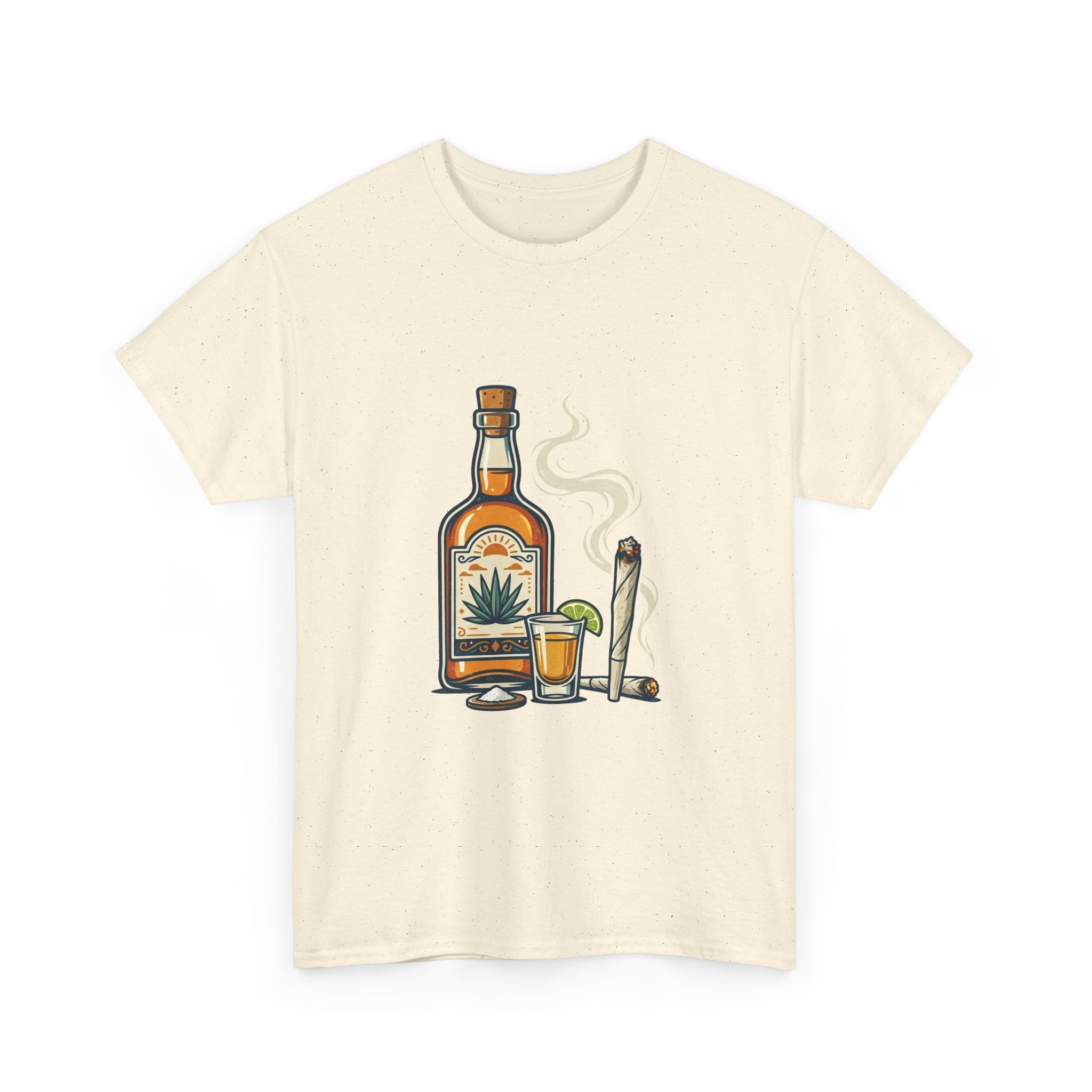 Tequila & Joint T-Shirt — Mexican Agave Bottle with Shot Glass and Joint Graphic
