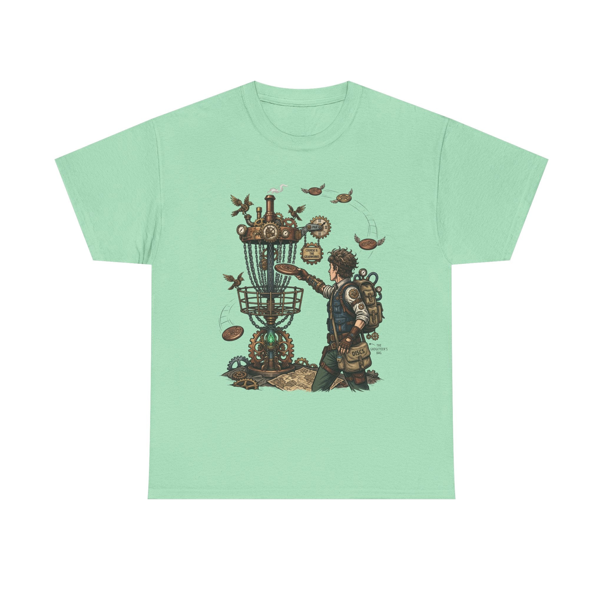 Disc Golf Adventure T‑Shirt — Steampunk Player & Birdie Basket Graphic Tee