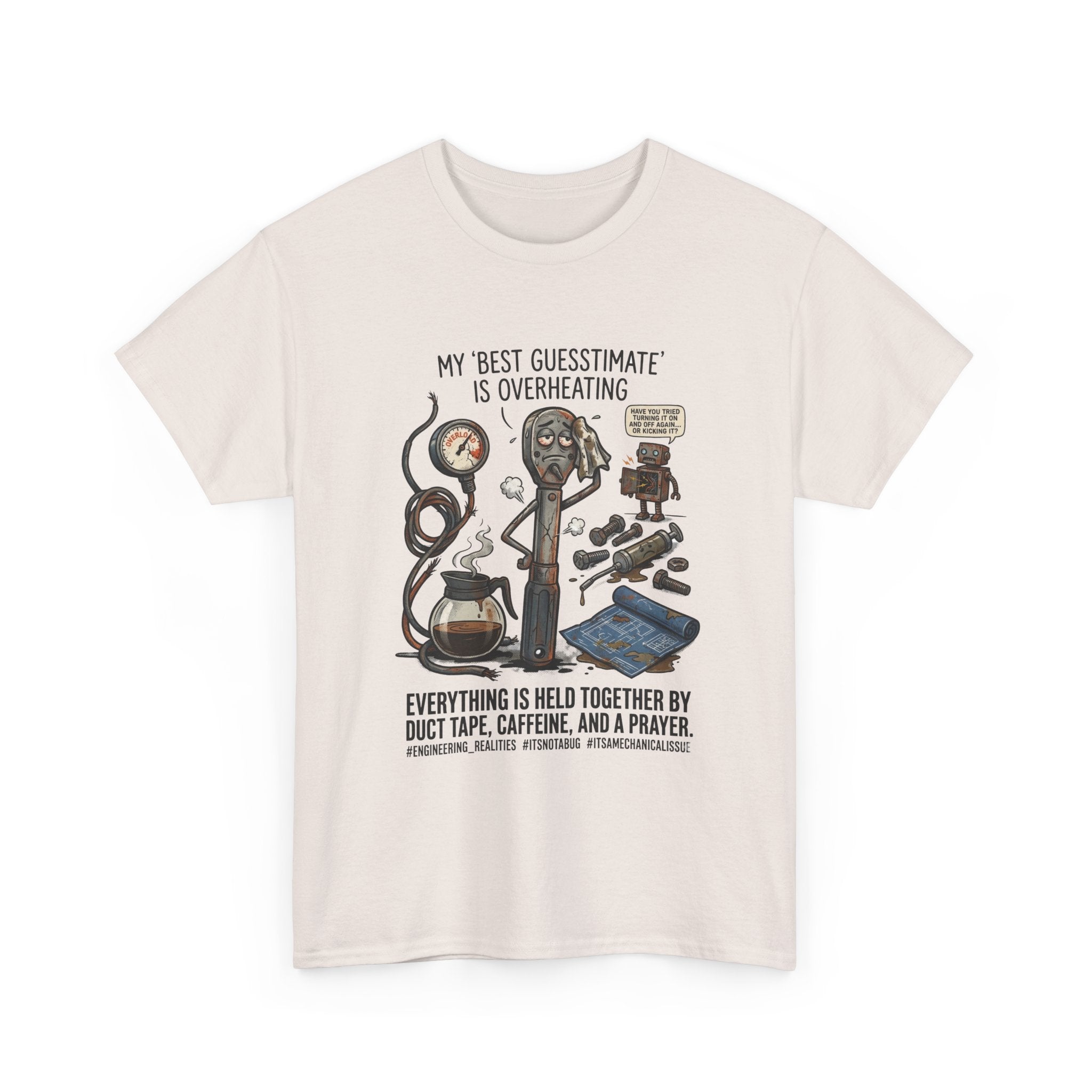 Mechanic Humor T-Shirt - "My Best Guessmate Is Overheating" Vintage Tools, Duct Tape & Caffeine Tee