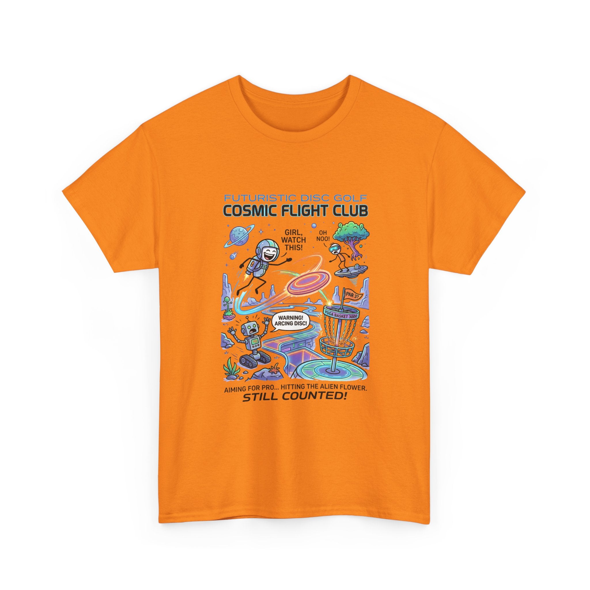 Cosmic Flight Club Disc Golf T-Shirt — Futuristic Outer Space Design