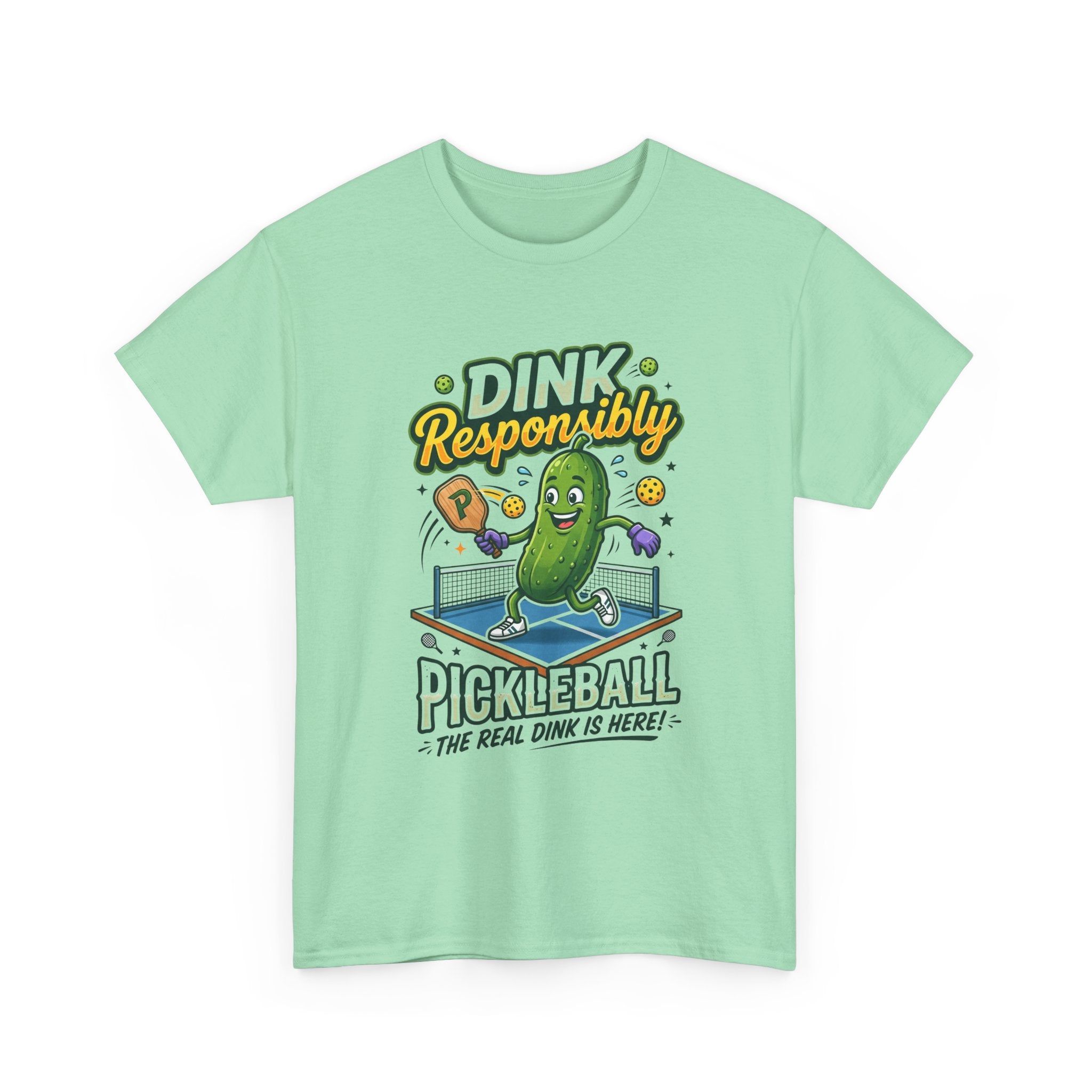 Pickleball T-Shirt — "Dink Responsibly" Funny Pickle Cartoon Tee