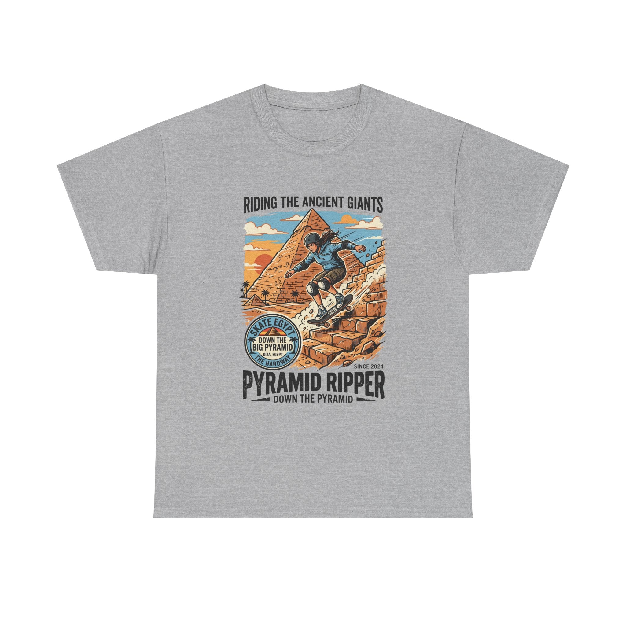 Pyramid Skateboarder T-Shirt — 'Riding the Ancient Giants' Vintage Surf Graphic