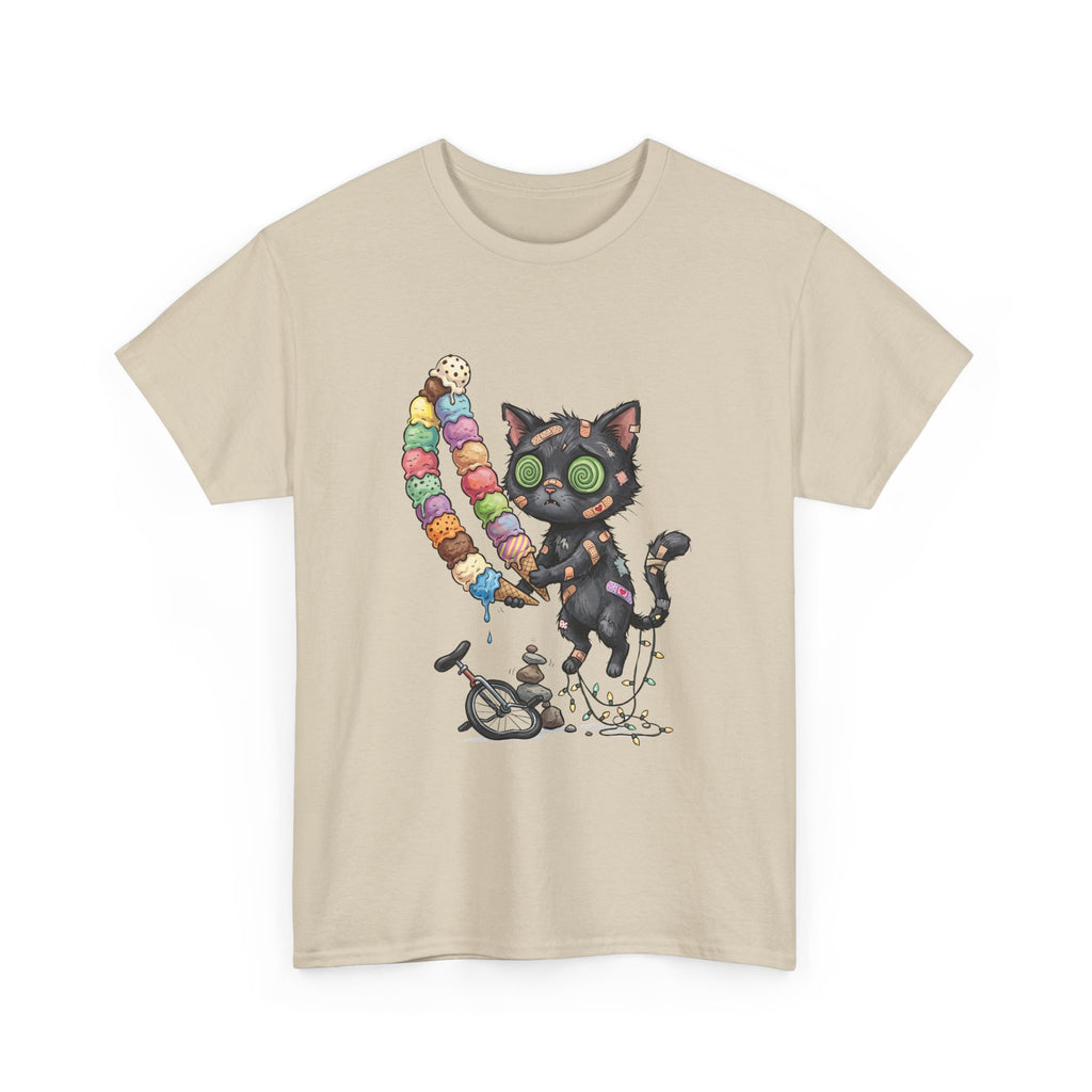 Cat with Ice Cream Graphic Tee — Cute Retro Kawaii Black Cat Holding Rainbow Ice Cream