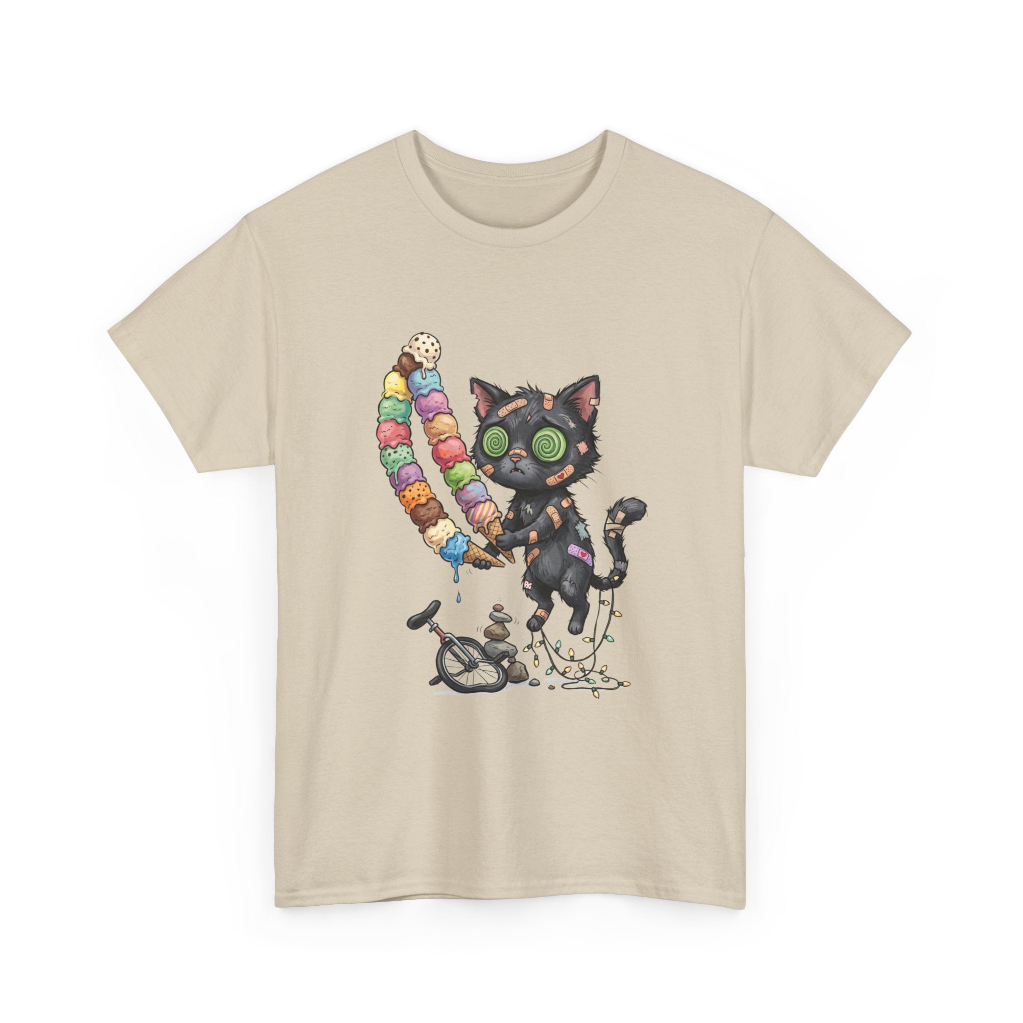 Cat with Ice Cream Graphic Tee — Cute Retro Kawaii Black Cat Holding Rainbow Ice Cream