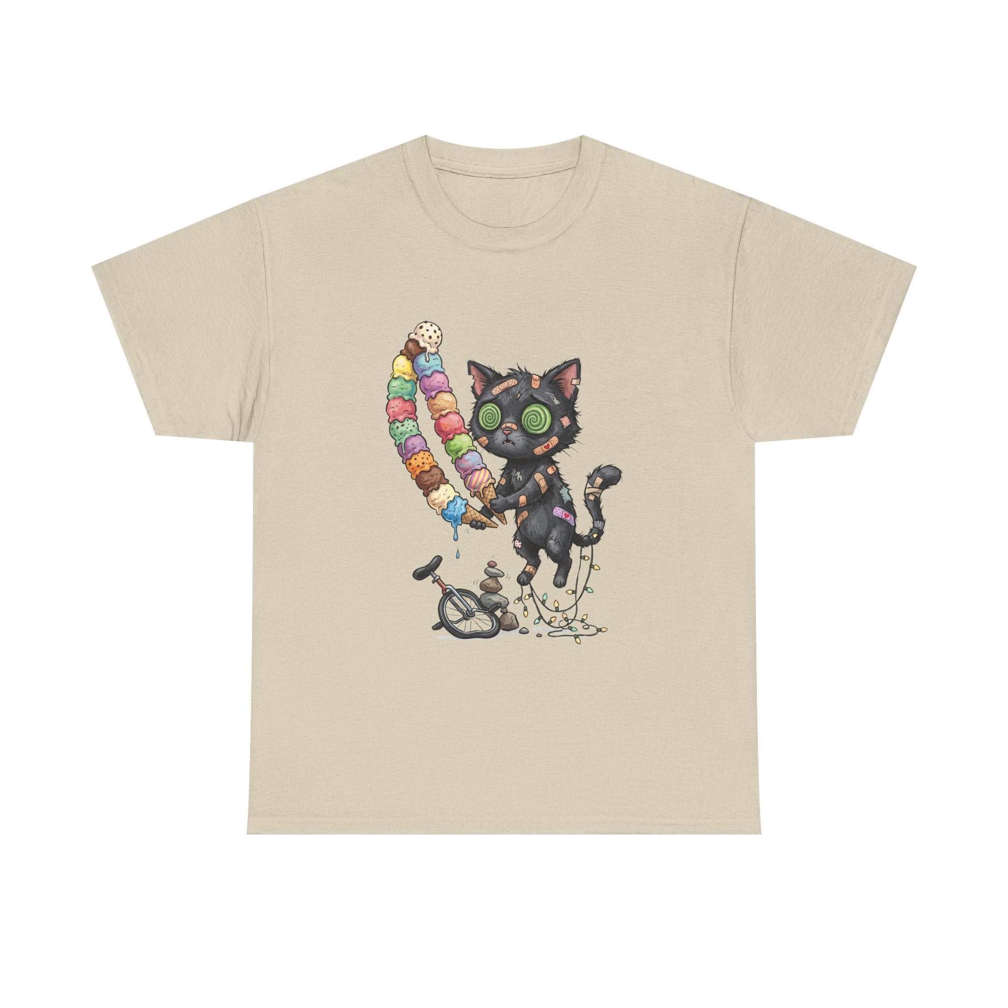 Cat with Ice Cream Graphic Tee — Cute Retro Kawaii Black Cat Holding Rainbow Ice Cream