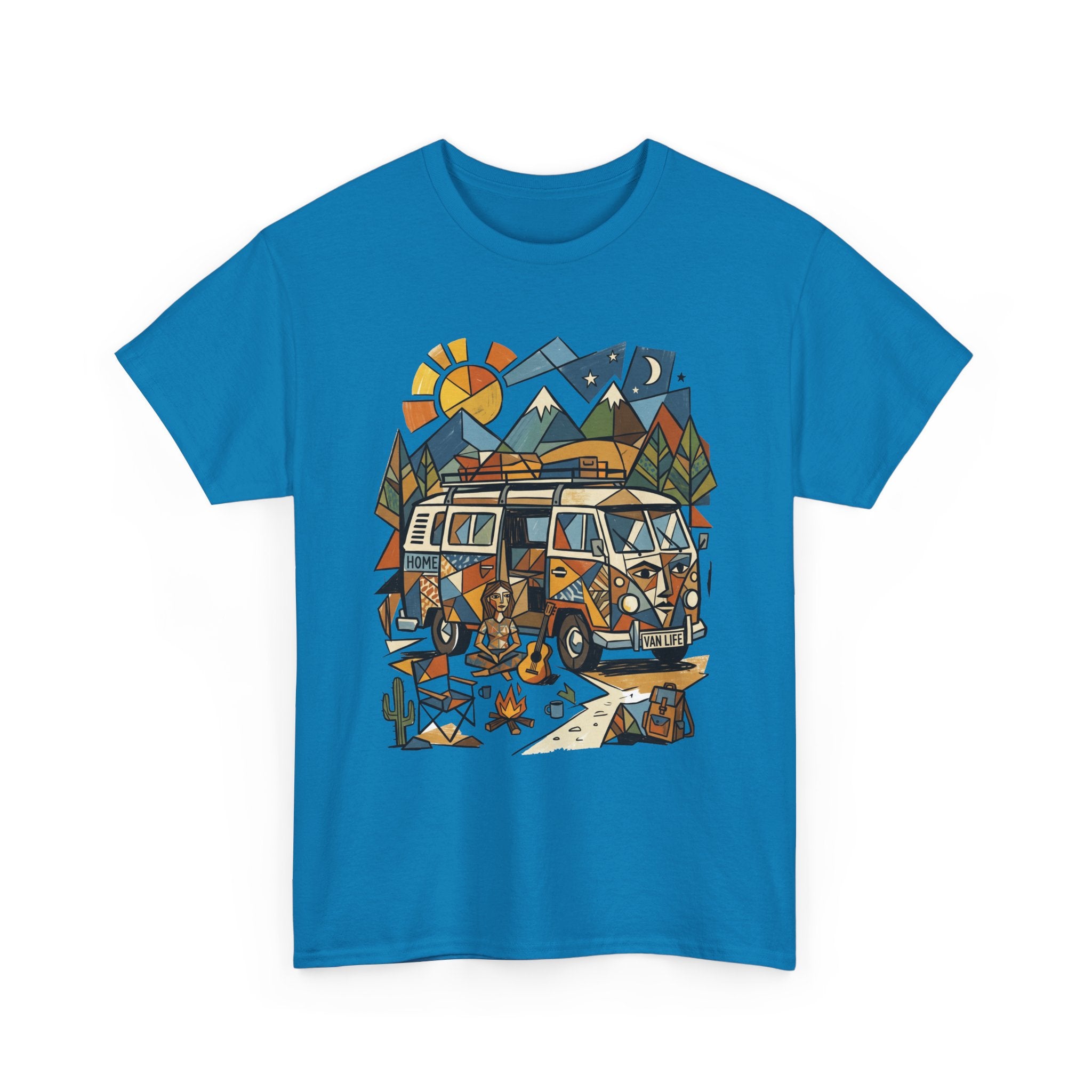 Adventure Van Camping T-Shirt — Retro Camper Van, Mountains & Campfire Graphic Tee