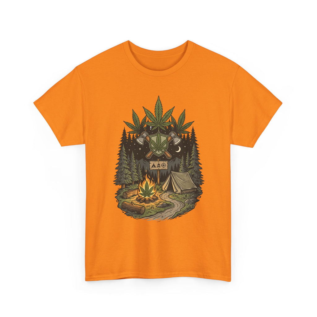 Camping Bear Graphic Tee — Forest Campfire & Leaf Emblem T-Shirt