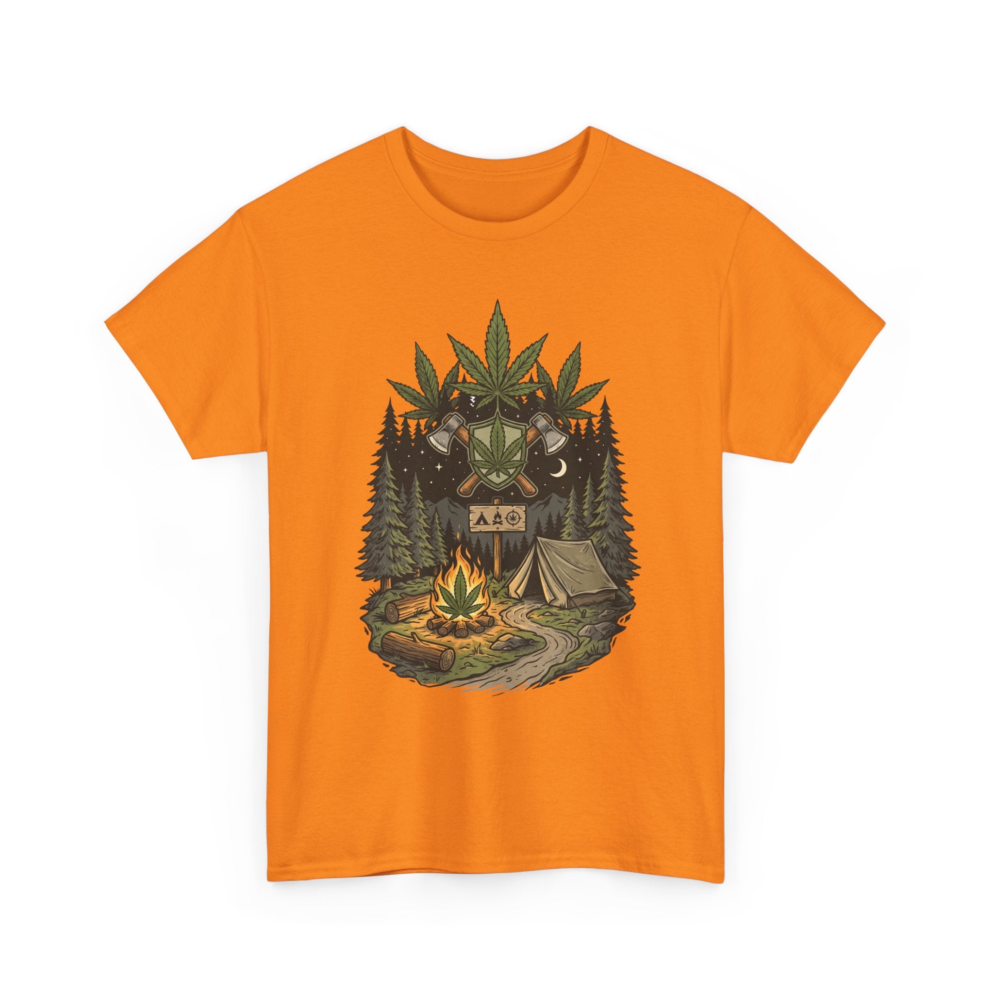 Camping Bear Graphic Tee — Forest Campfire & Leaf Emblem T-Shirt