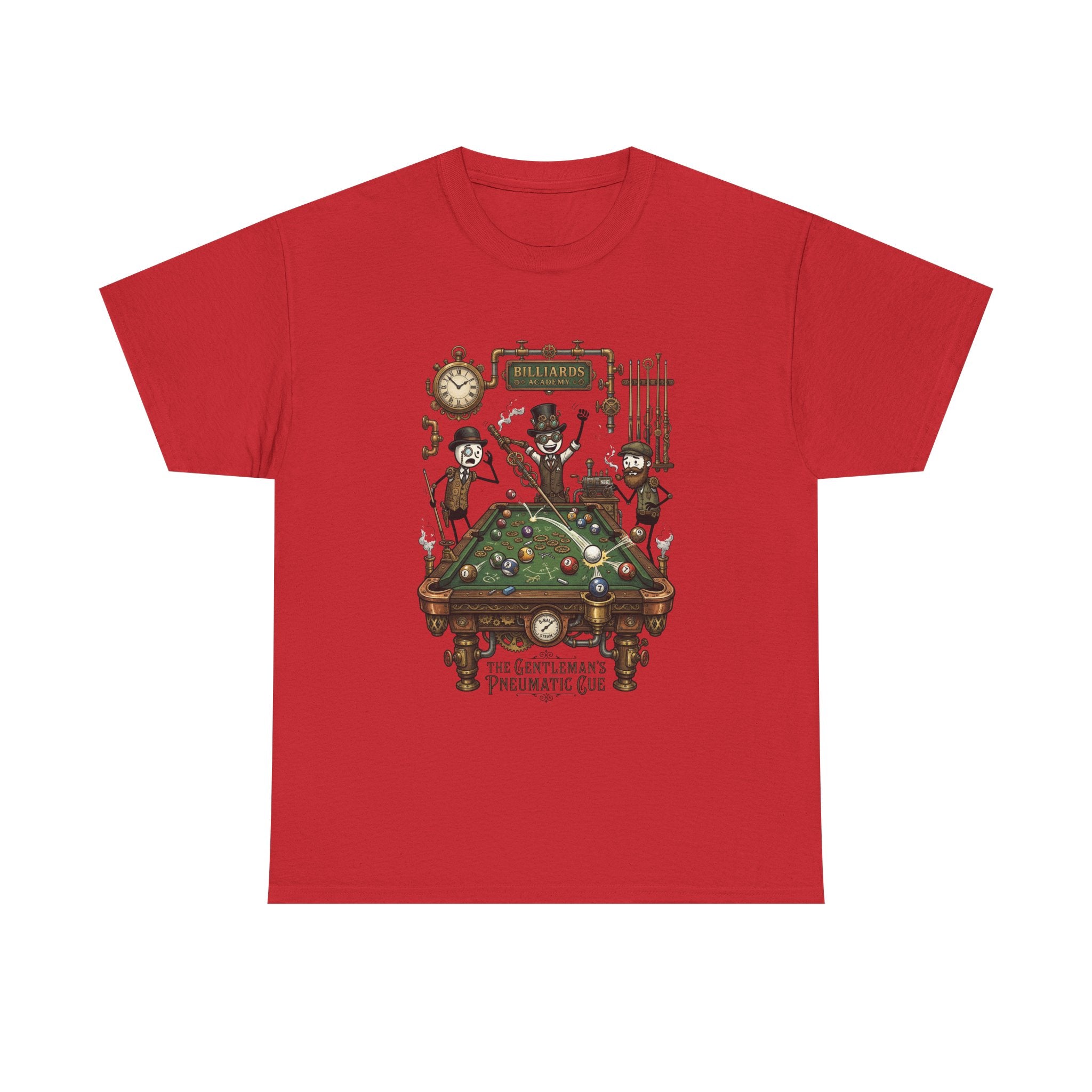 Steampunk Billiards Tee – 'The Gentleman's Pneumatic Cue' Pool Table Graphic Shirt