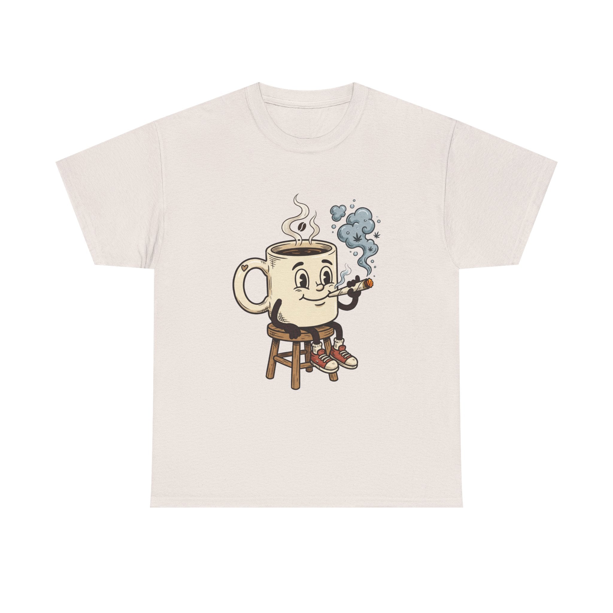 Coffee and a joint Character Tee — Retro Smiling Cup Smoking weed Graphic T-Shirt