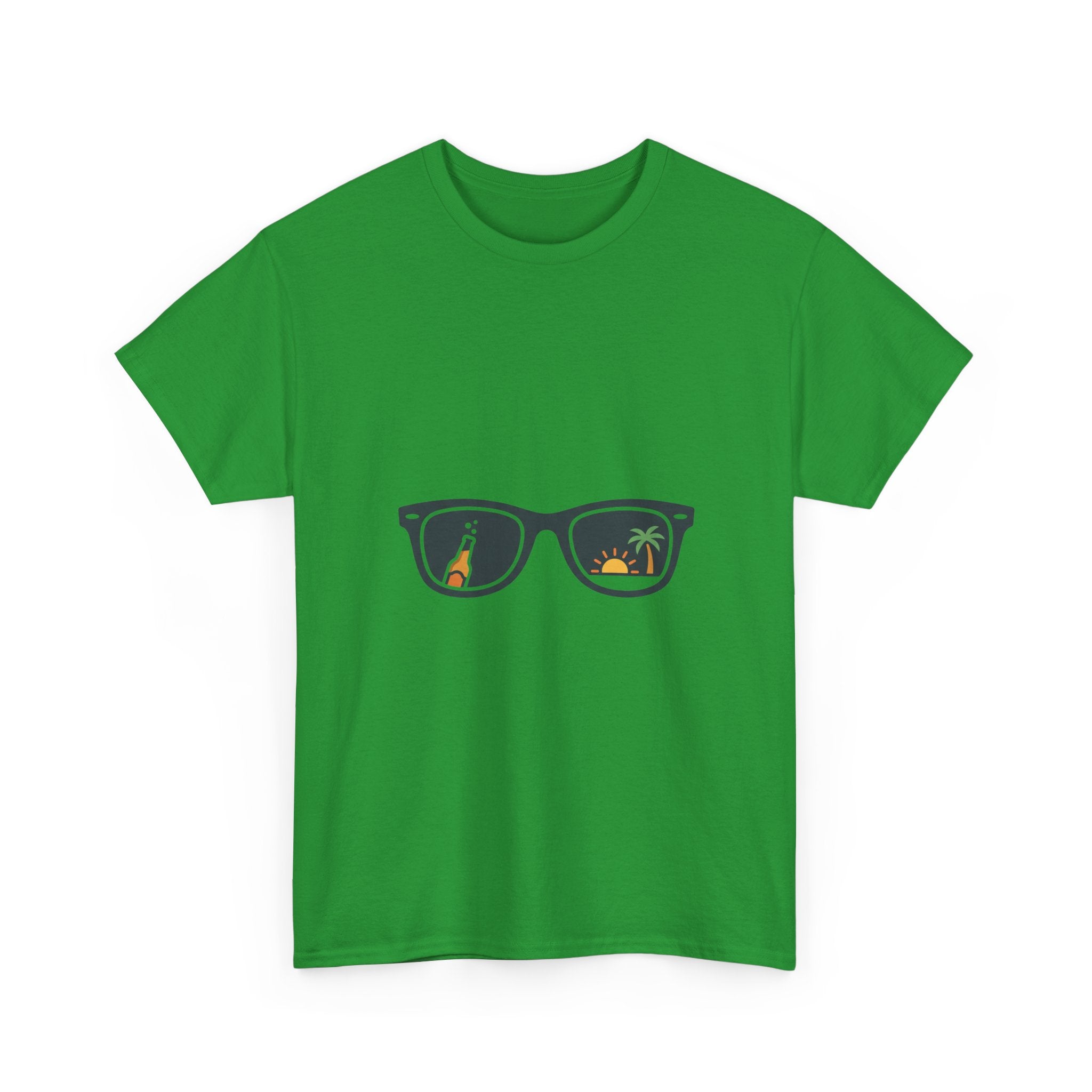 Sunglasses Reflection Tee — Tropical Beach & Palm Drink Graphic T-Shirt