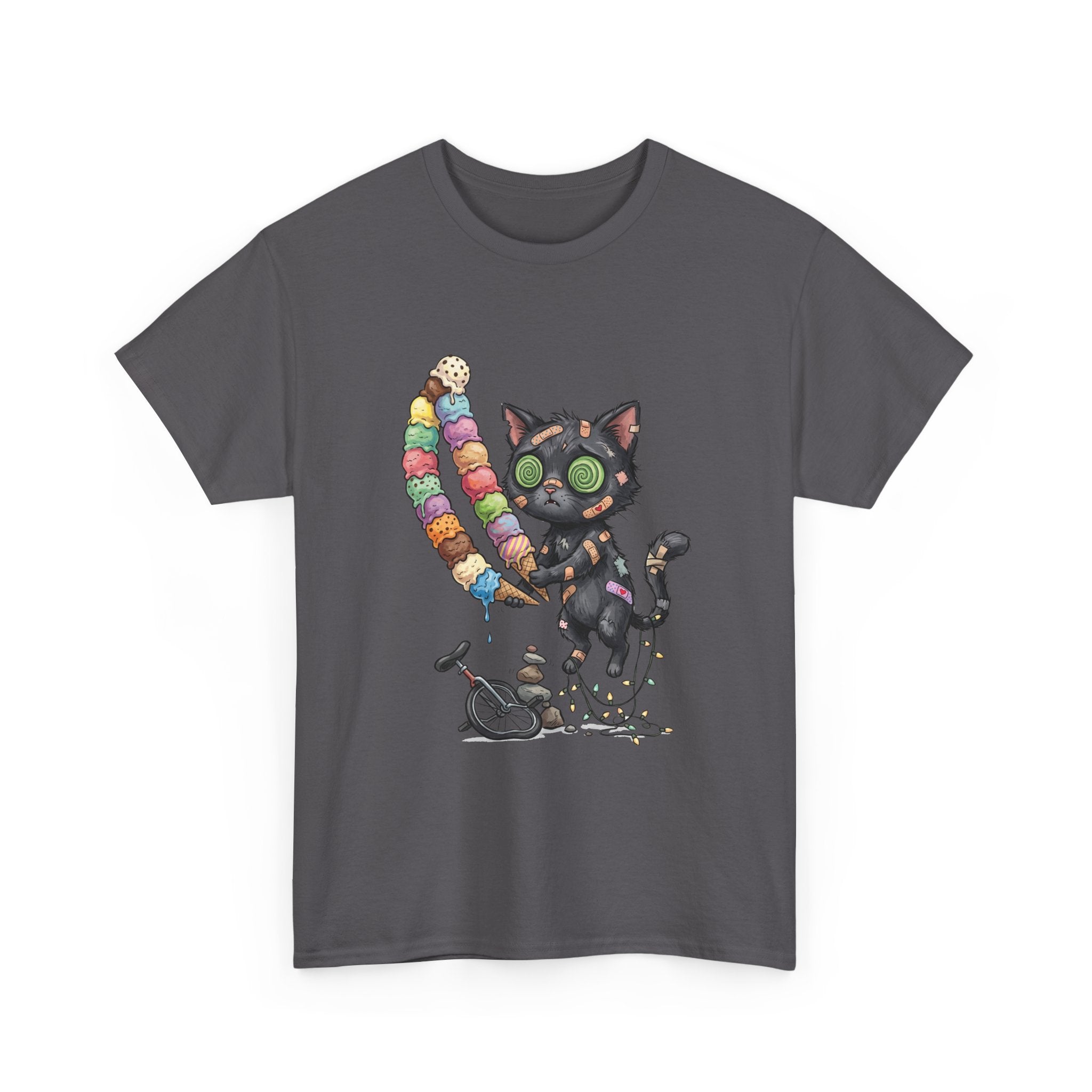 Cat with Ice Cream Graphic Tee — Cute Retro Kawaii Black Cat Holding Rainbow Ice Cream