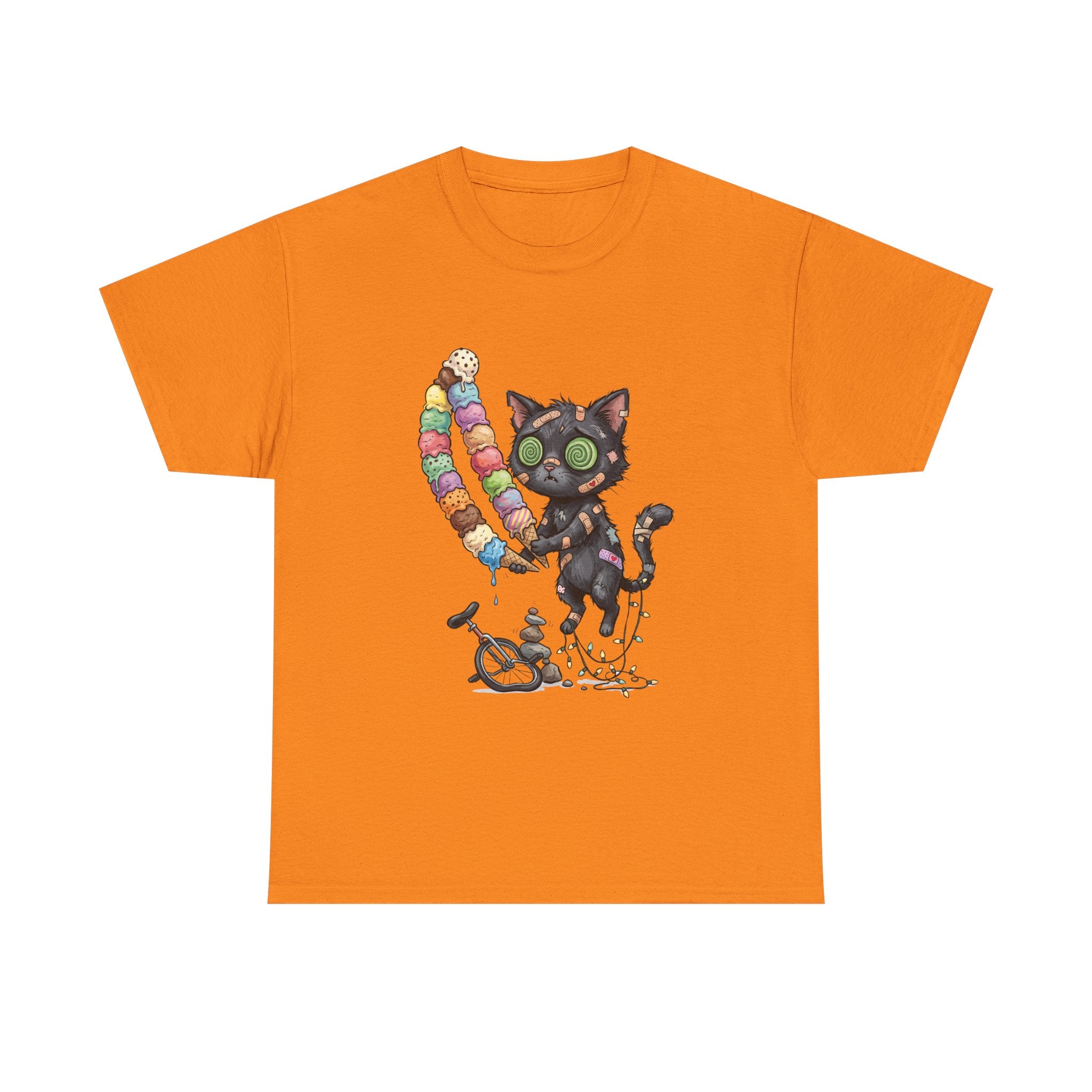 Cat with Ice Cream Graphic Tee — Cute Retro Kawaii Black Cat Holding Rainbow Ice Cream