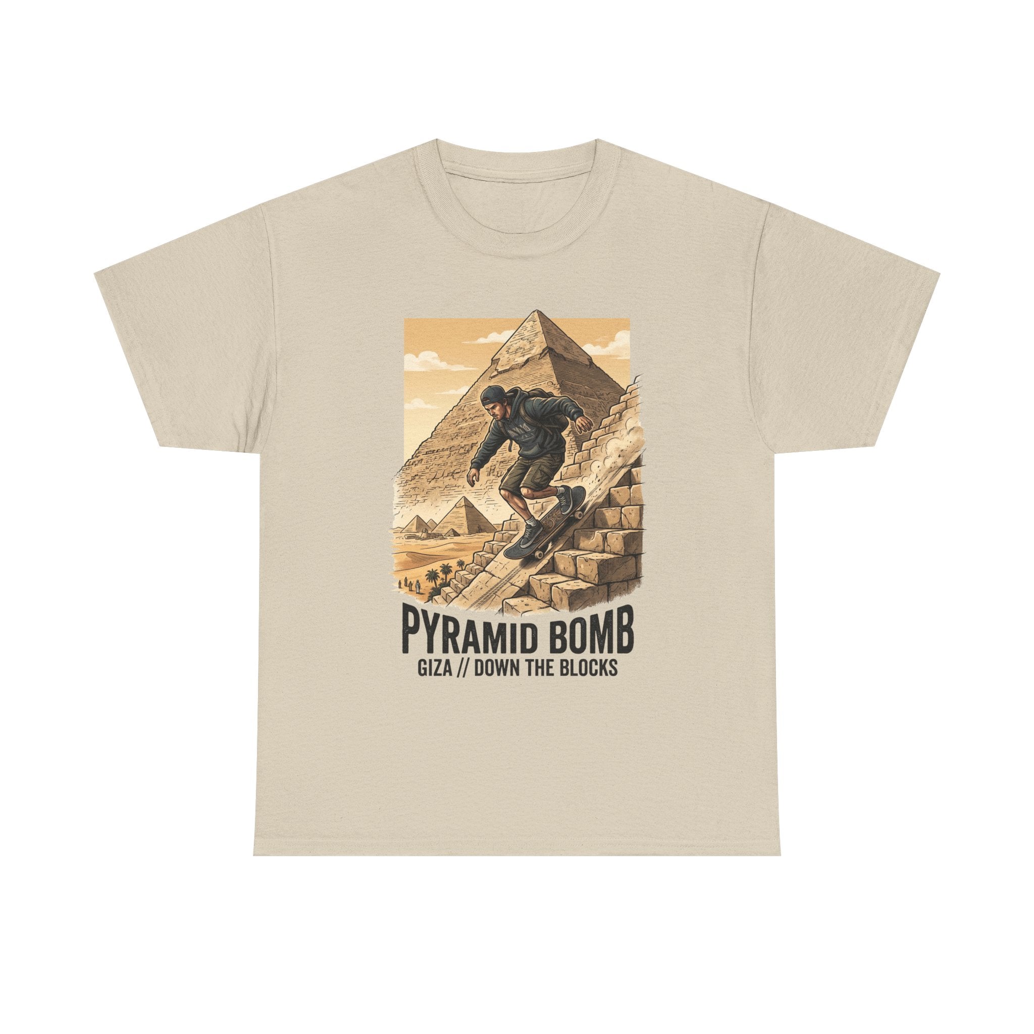 Pyramid Bomb Skateboarding T-Shirt — "Pyramid Bomb: Giza / Down The Blocks" Vintage Skate Tee