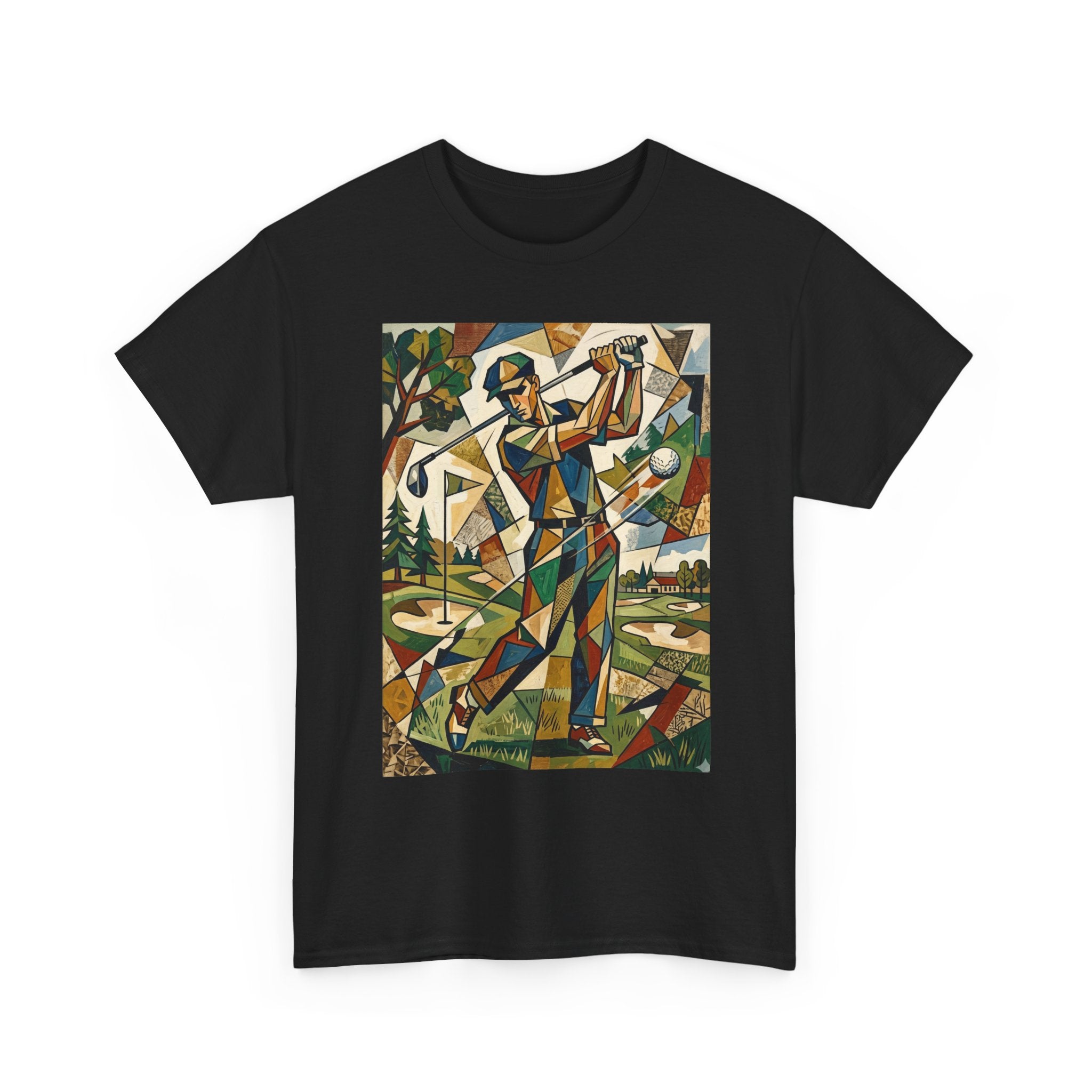 Abstract Golfer Art T-Shirt — Colorful Geometric Golf Scene Tee