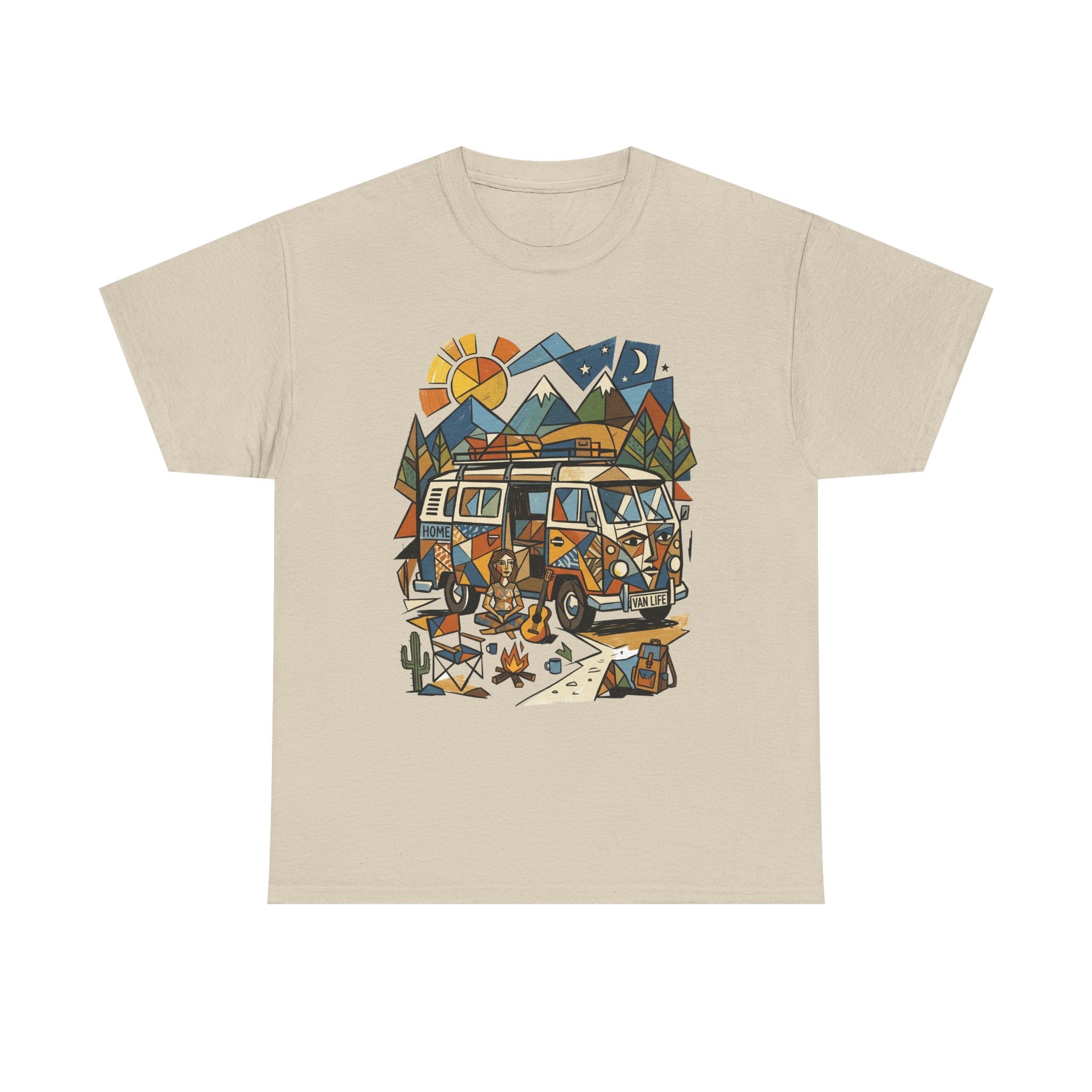 Adventure Van Camping T-Shirt — Retro Camper Van, Mountains & Campfire Graphic Tee