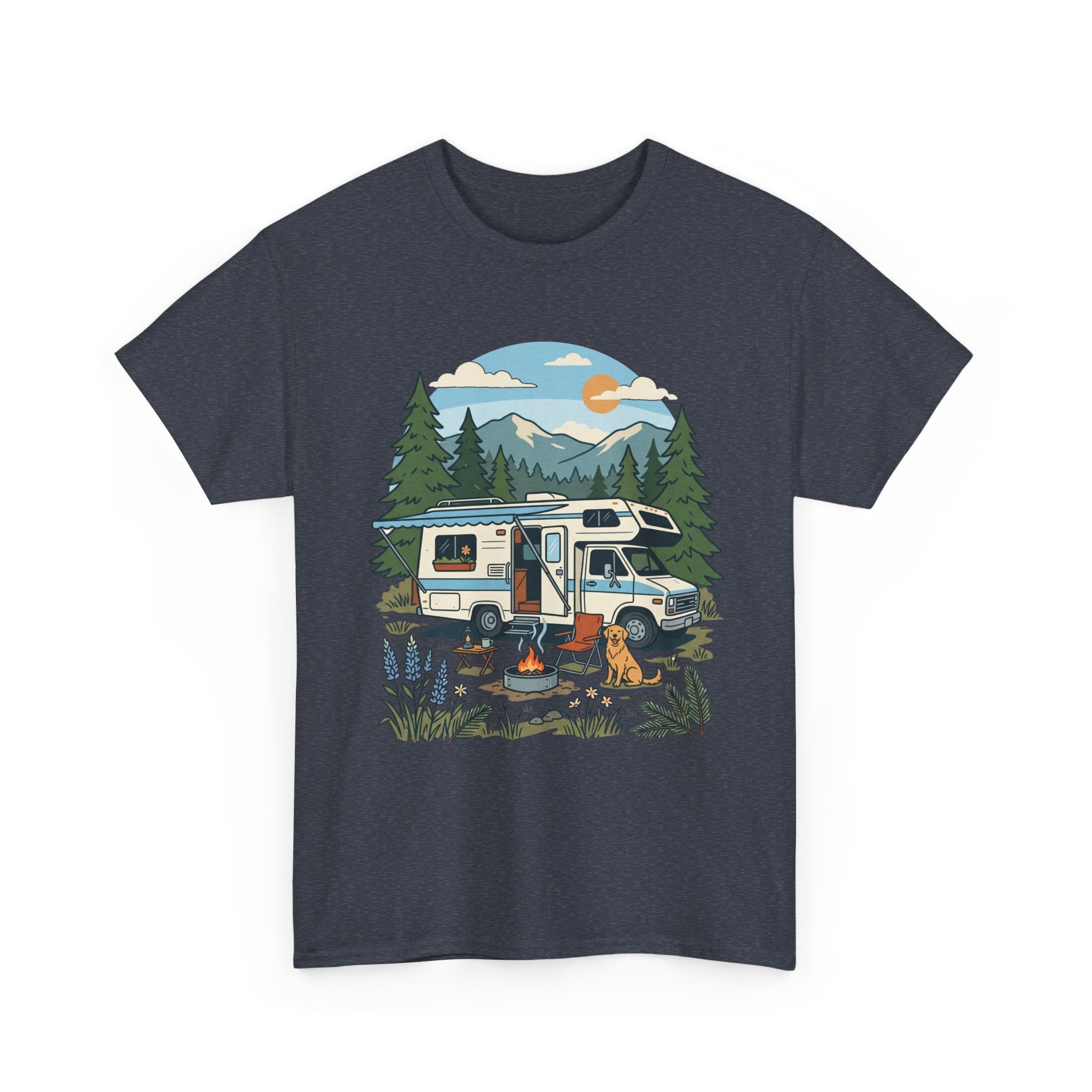 Camper Van Camping T‑Shirt — Retro RV Campfire Graphic Tee for Outdoors Lovers