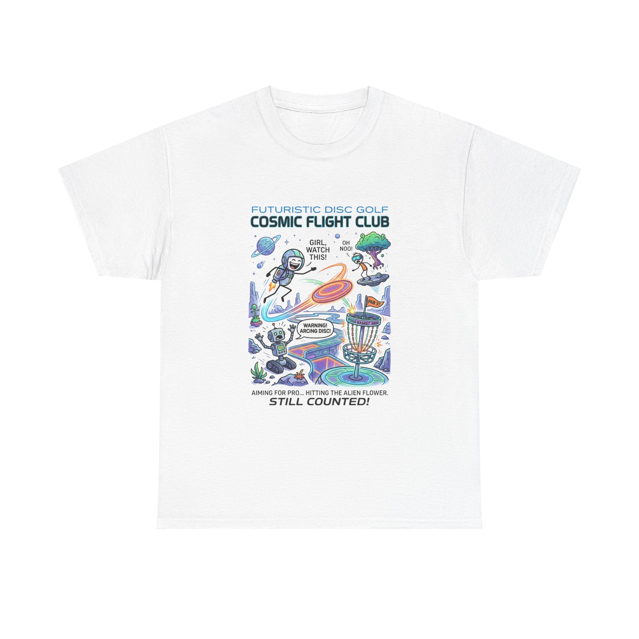 Cosmic Flight Club Disc Golf T-Shirt — Futuristic Outer Space Design