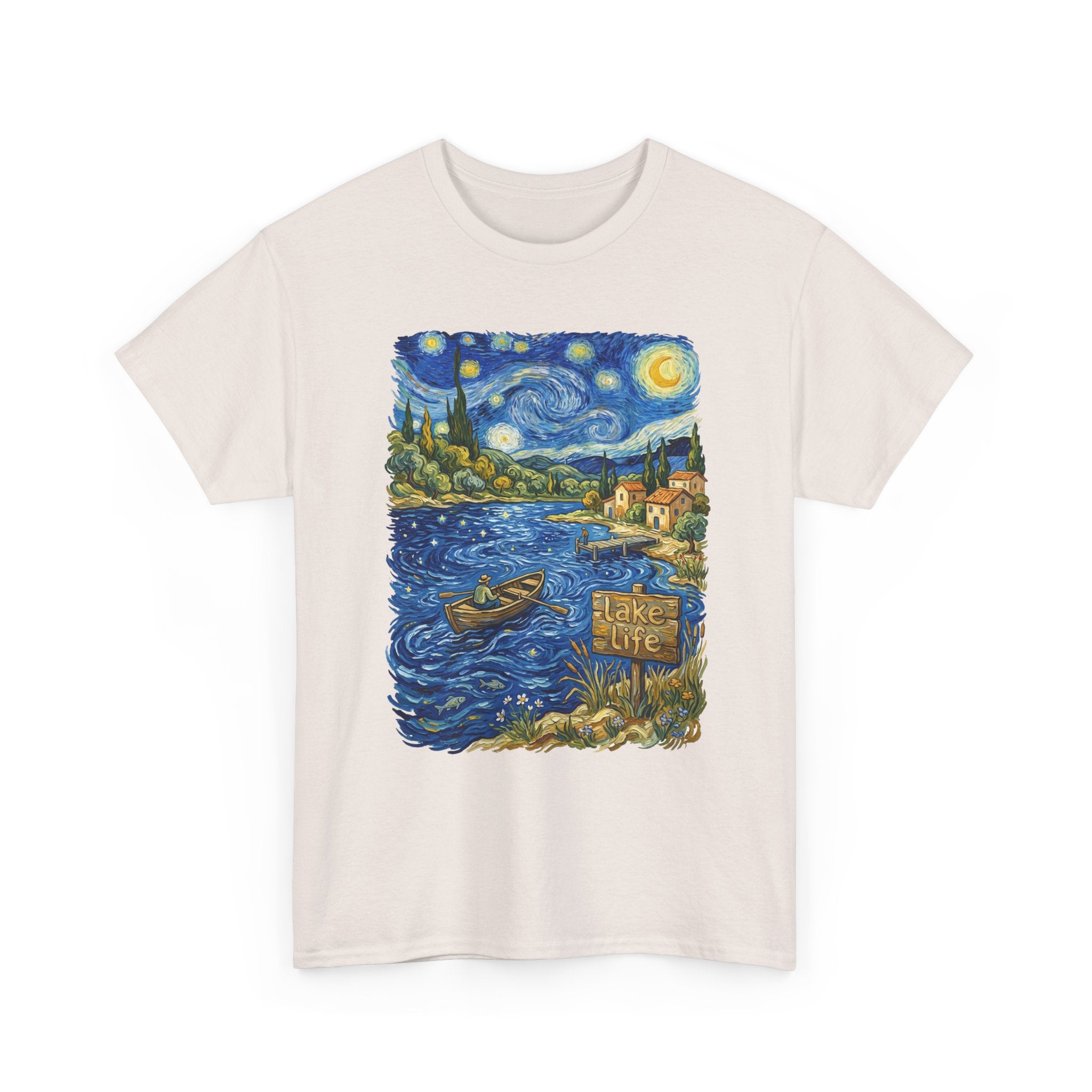 T-Shirt — Van Gogh Night Lake Art Tee (Boat on Starry Night)