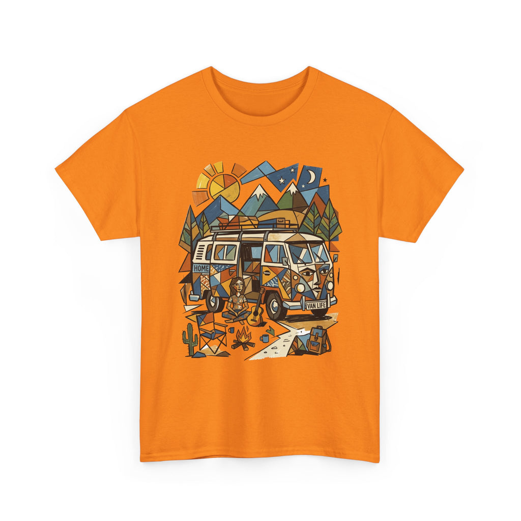 Adventure Van Camping T-Shirt — Retro Camper Van, Mountains & Campfire Graphic Tee