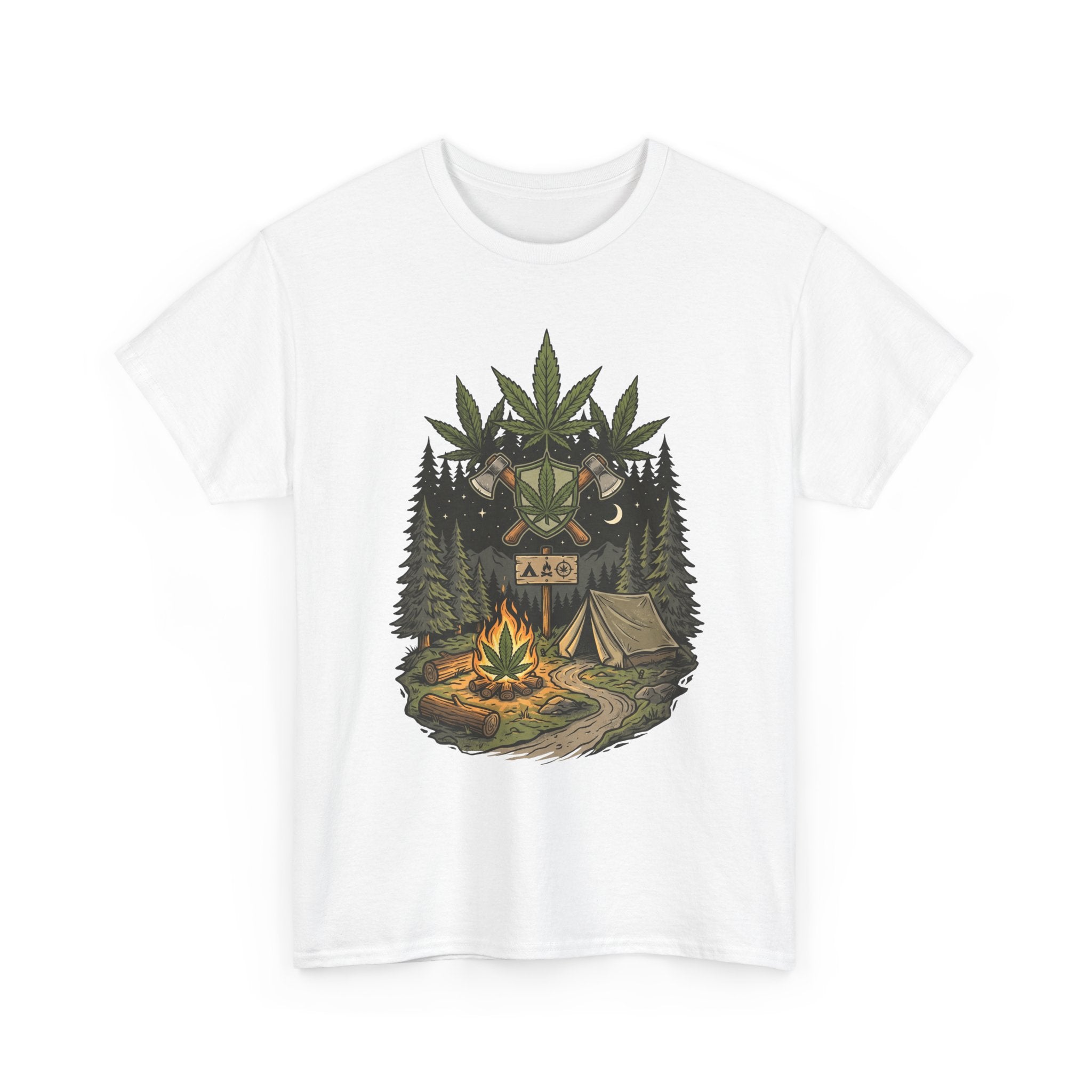 Camping Bear Graphic Tee — Forest Campfire & Leaf Emblem T-Shirt